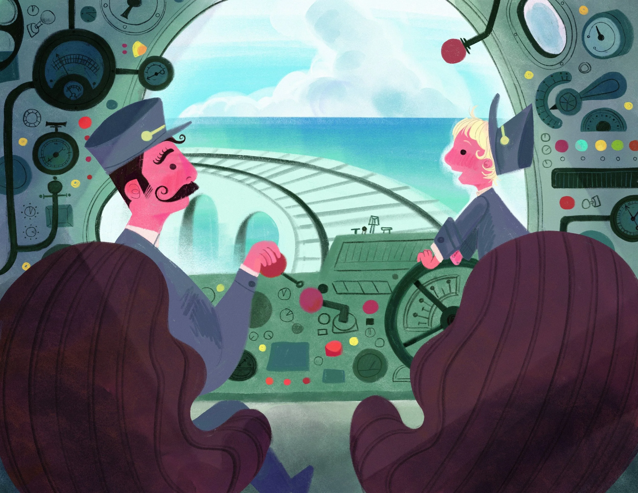 The image depicts the inside of an airplane cockpit with two pilots. The pilot on the left is a man with a mustache, mustache, and a hat, holding a red apple, while the pilot on the right is a woman with short blonde hair, also wearing a hat. The view through the cockpit windows shows a cloudy sky and a distant ocean.