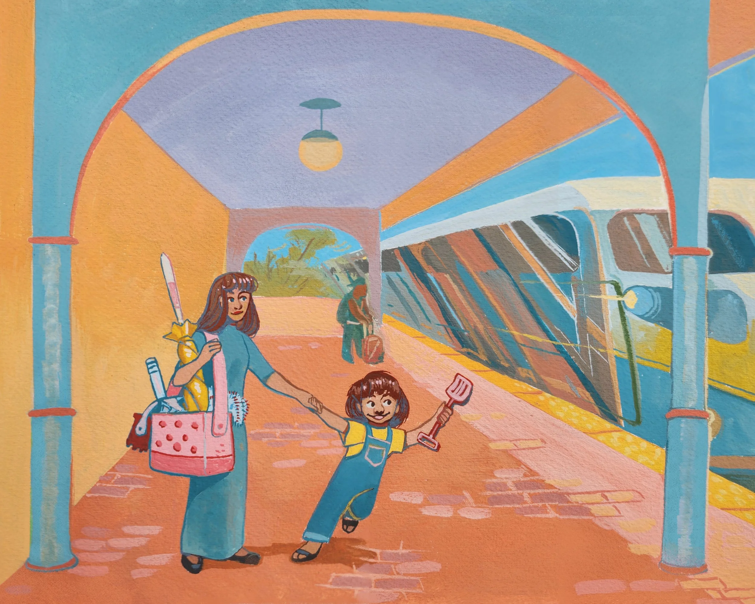 Colorful mural featuring children walking under an arched pergola with a hanging light fixture and trees in the background.