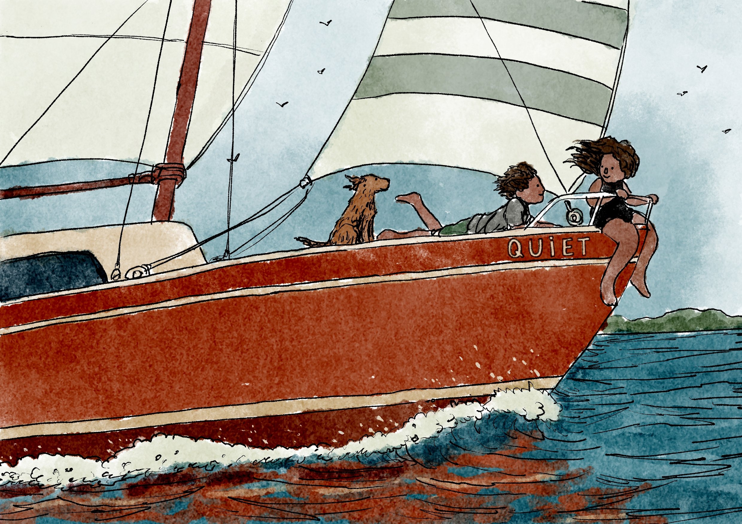 Children's book illustration of kids with a dog sailing on a ship by illustrator Vitor Bellicanta
