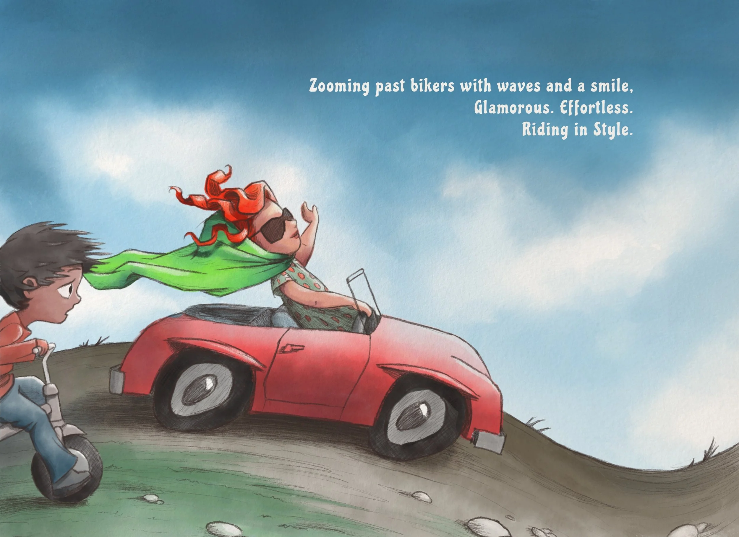 Children riding a red sports car on a hill with a blue sky background, with some waving and smiling