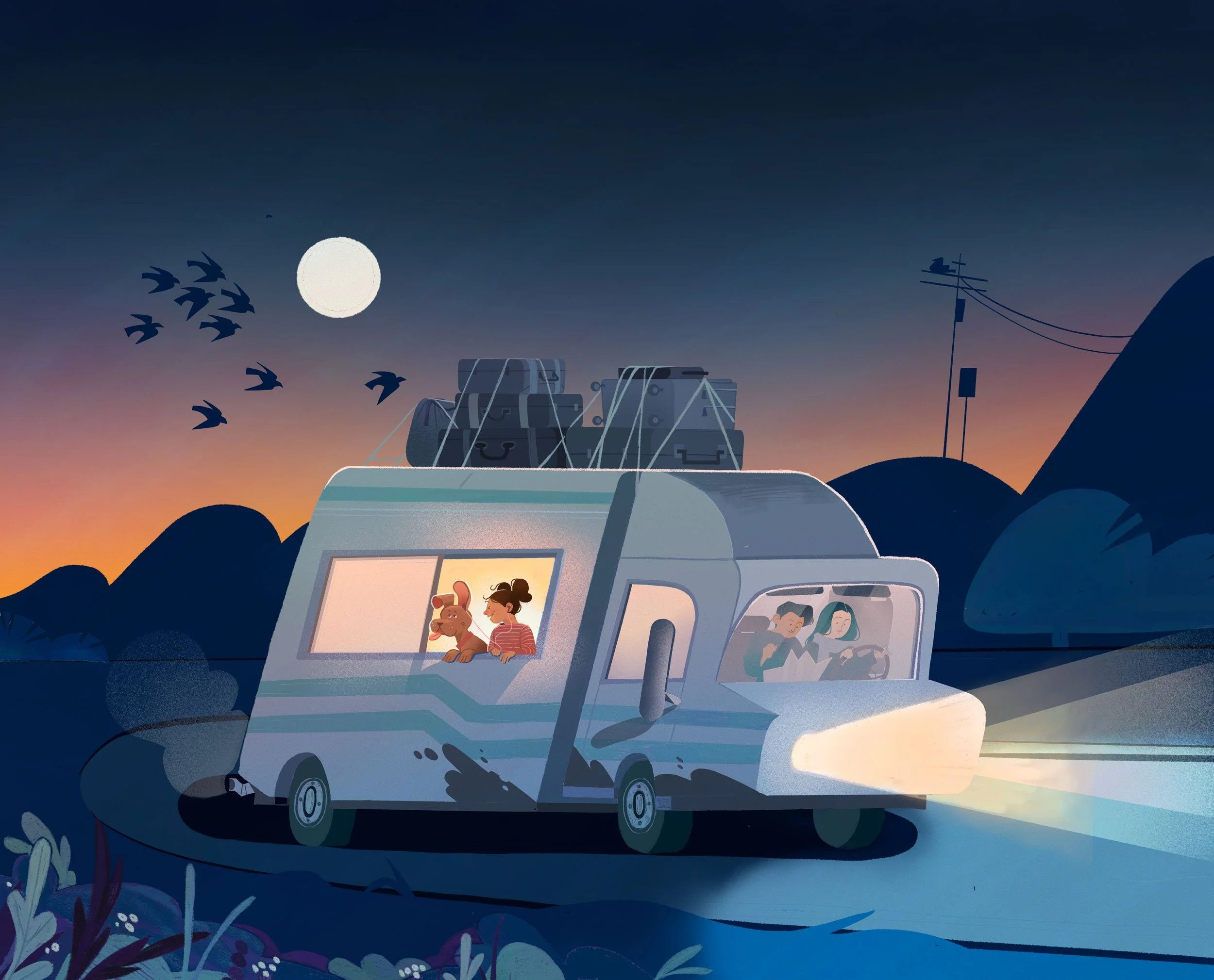 A cartoon-style illustration of a mobile home or camper van with luggage on top, traveling through a landscape during sunset or sunrise. The scene shows a flock of birds flying in the sky and the moon visible in the background, with hills and plants in the foreground.