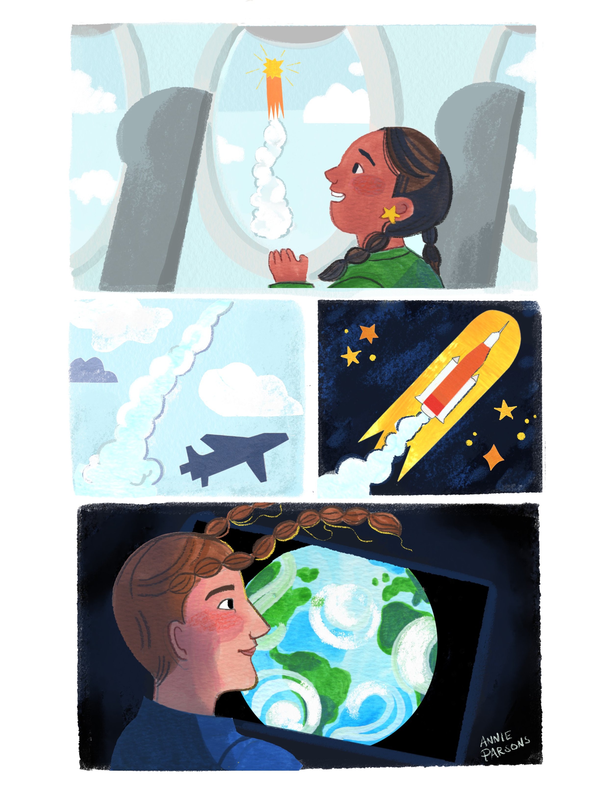 A young girl on an airplane looks out the window at the sky, excitedly watching a rocket launch. The scene is illustrated in a colorful, comic style, with a dark background, stars, and a rocket trailing clouds of smoke and fire. The artist’s signature, 'ANNIE PARSONS,' is visible in the lower right corner.