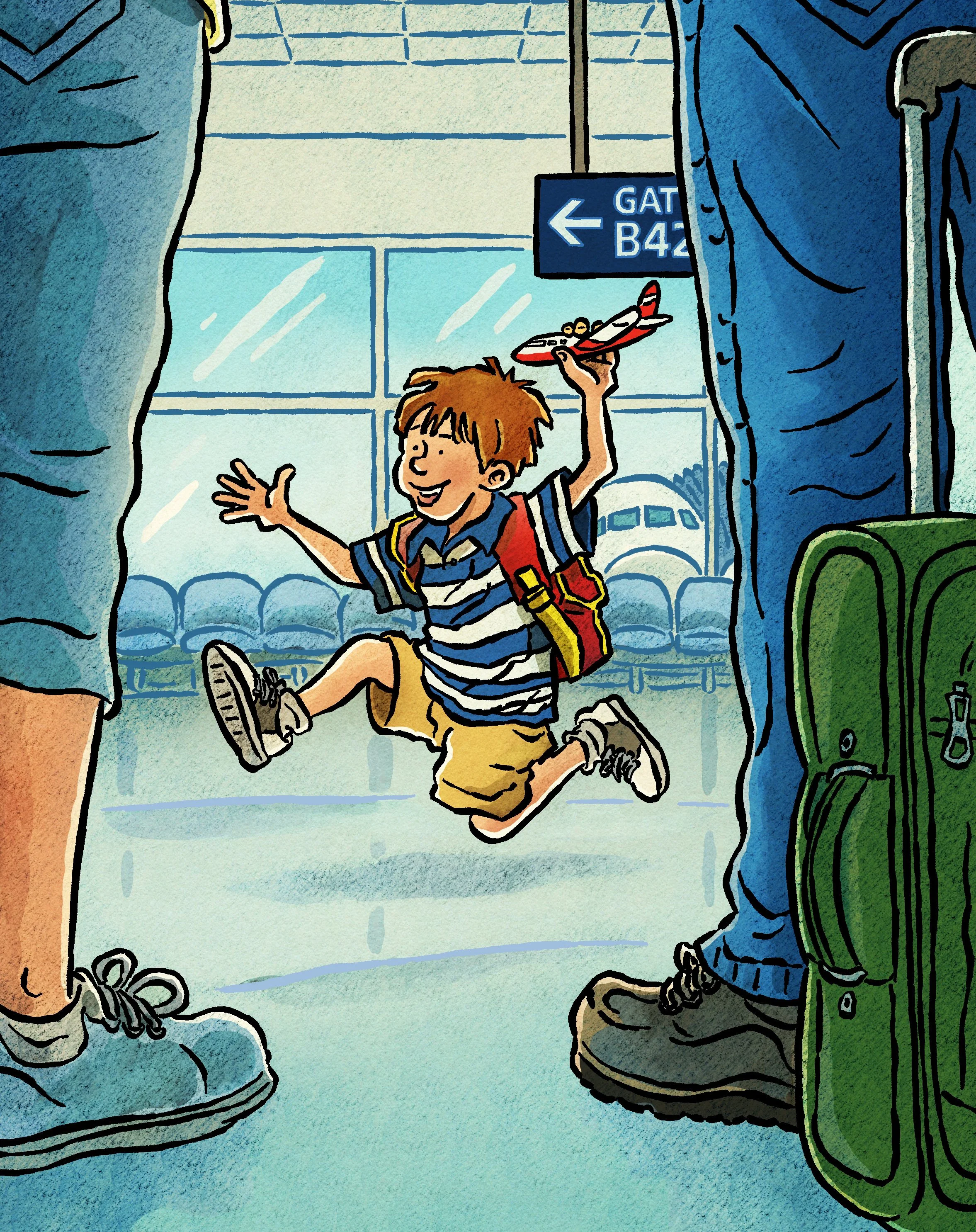 A young boy with brown hair, wearing a striped shirt and yellow shorts, is excitedly running and holding a toy airplane in his right hand at an airport terminal. He has a red backpack and is surrounded by other travelers, some with backpacks and luggage, at the gate area with signs indicating gates B42.