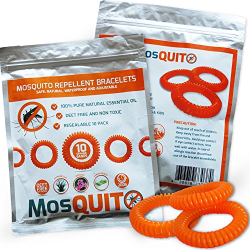 Mosquito Repellent Bracelets 10 pack – Safe, Natural, Waterproof Wristband with Citronella Lemongrass Geraniol – 100% Pure Natural Essential Oil