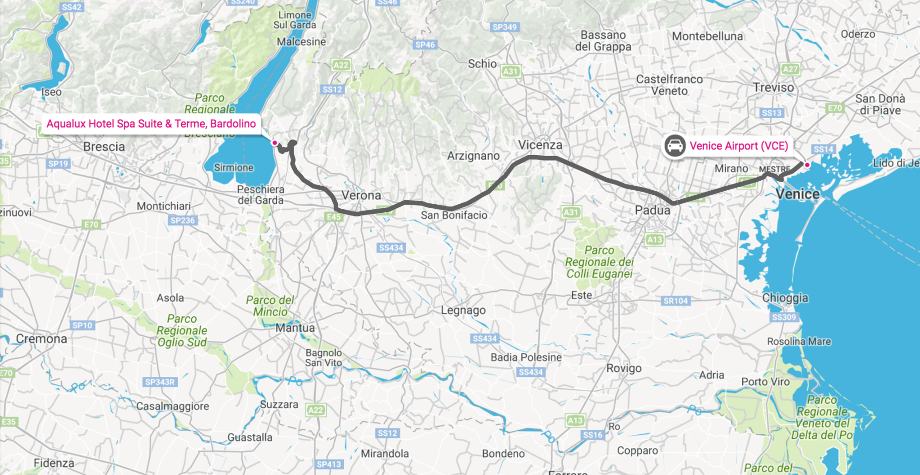 The hotel is about a 1 hour and 32 minute drive from Venice airport