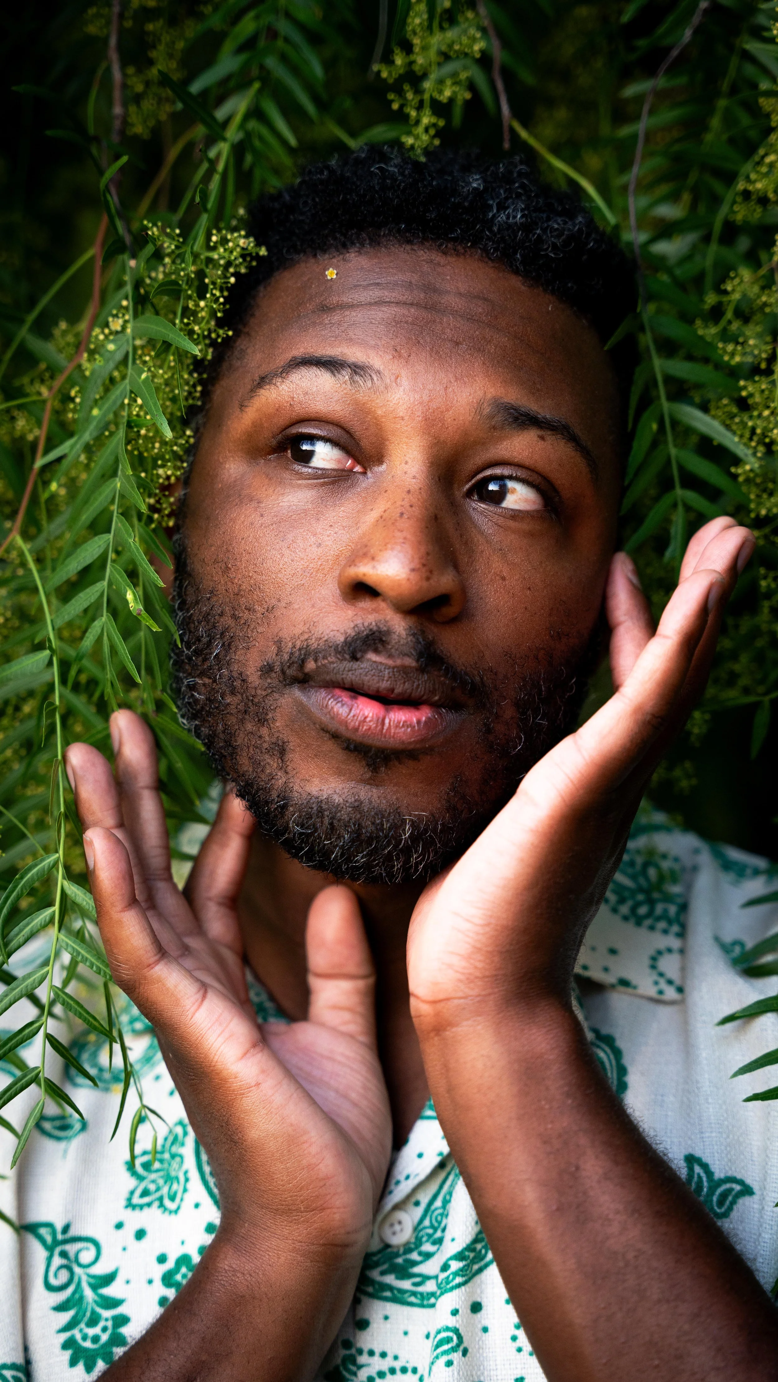 Writer, comedian, and friend Malcolm Whitfield poses playfully among the leafy branches and flowers of a tree.