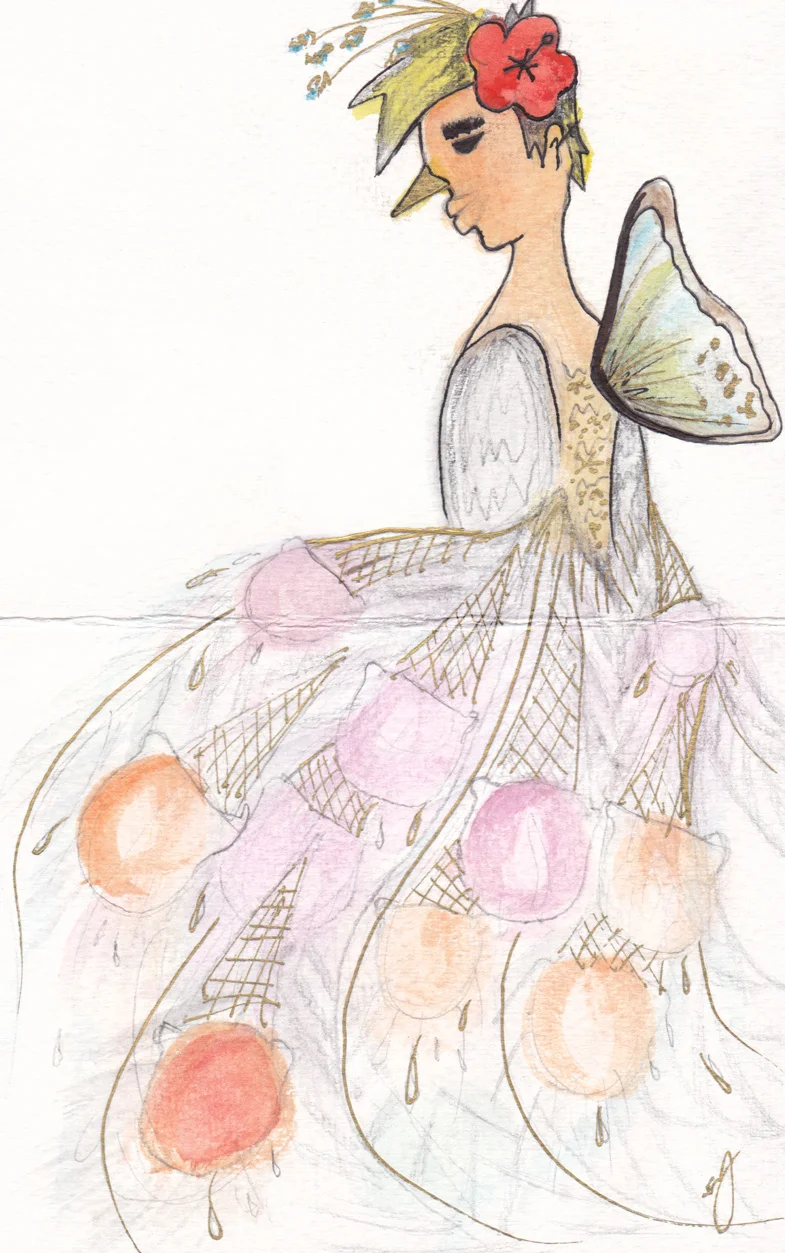Ice cream peacock one winged butterfly ample lipped blonde Hawaiian princess - my friend Sonya drew a picture of me. This one will definitely stand out in the gallery - it’s watercolored, has gold metallic ink (can’t really see in the scan), AND it’s actually a birthday card (that’s why there’s a fold line in the middle). What an amazing surprise to receive in the mail! Thank you so much Sonya, I shall cherish this!