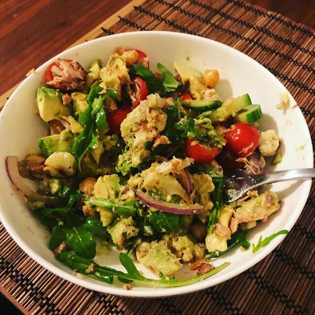 My weekly quarantine -salad. I mix up chickpeas, onions, tuna, tomatoes, cuce, cauliflower and that stays in fridge ready to go. Then to serve I add greens and avo and some light dressing. It makes up for the other junk.