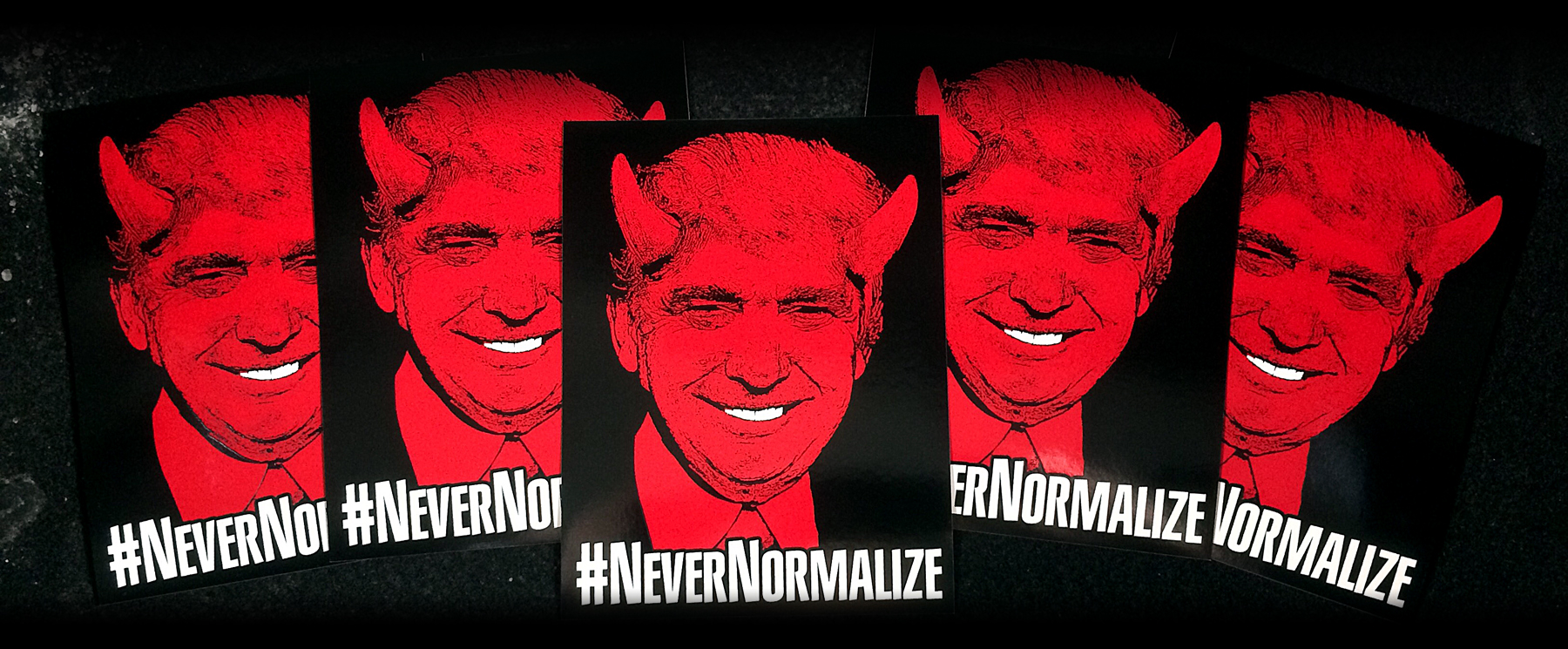 Click HERE to buy a #NeverNormalize sticker! Printed on weatherproof, scratch-proof vinyl, these 4.25" x 5.5"&nbsp;stickers are here to stay ... hopefully Trump is not!