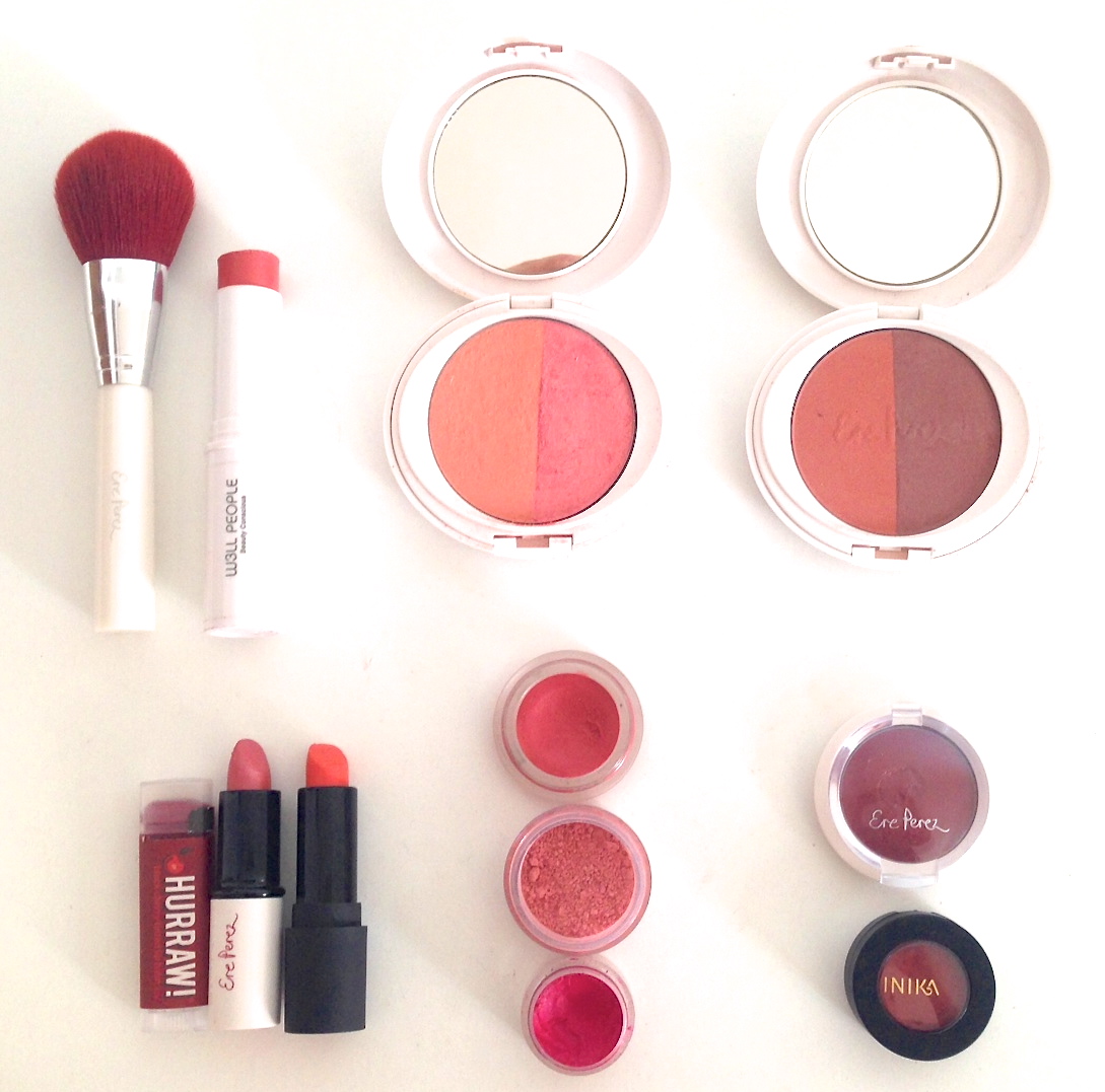 Pictured Above from top left to bottom right: Ere Perez Eco Vegan Brush, W3ll People Multi-use Stick, Ere Perez Blush Bondi, Ere Perez Rose Tones, Hurraw Lip Balm, Ere Perez High Tea, Inika Coral, RMS Modest, Inika Pink Pinch, Haut, Ere Perez Happy, Inika Rosehi.