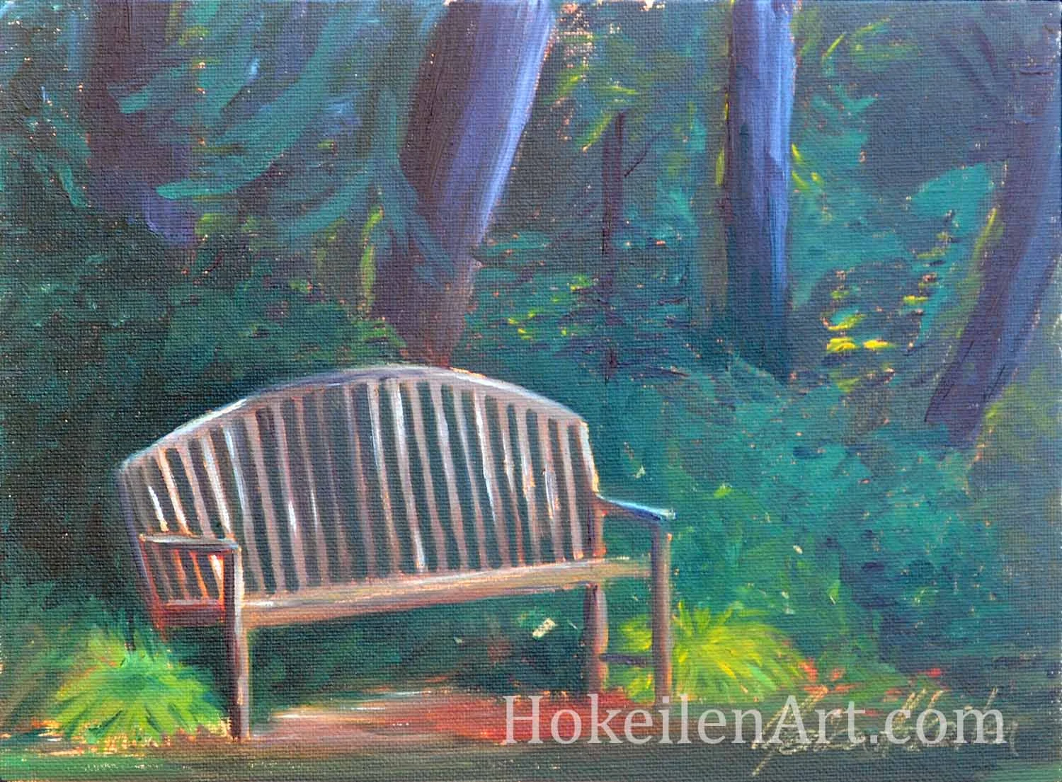 A Bench in the Shade, oil on canvas board, oil on canvas board, 8"x10"