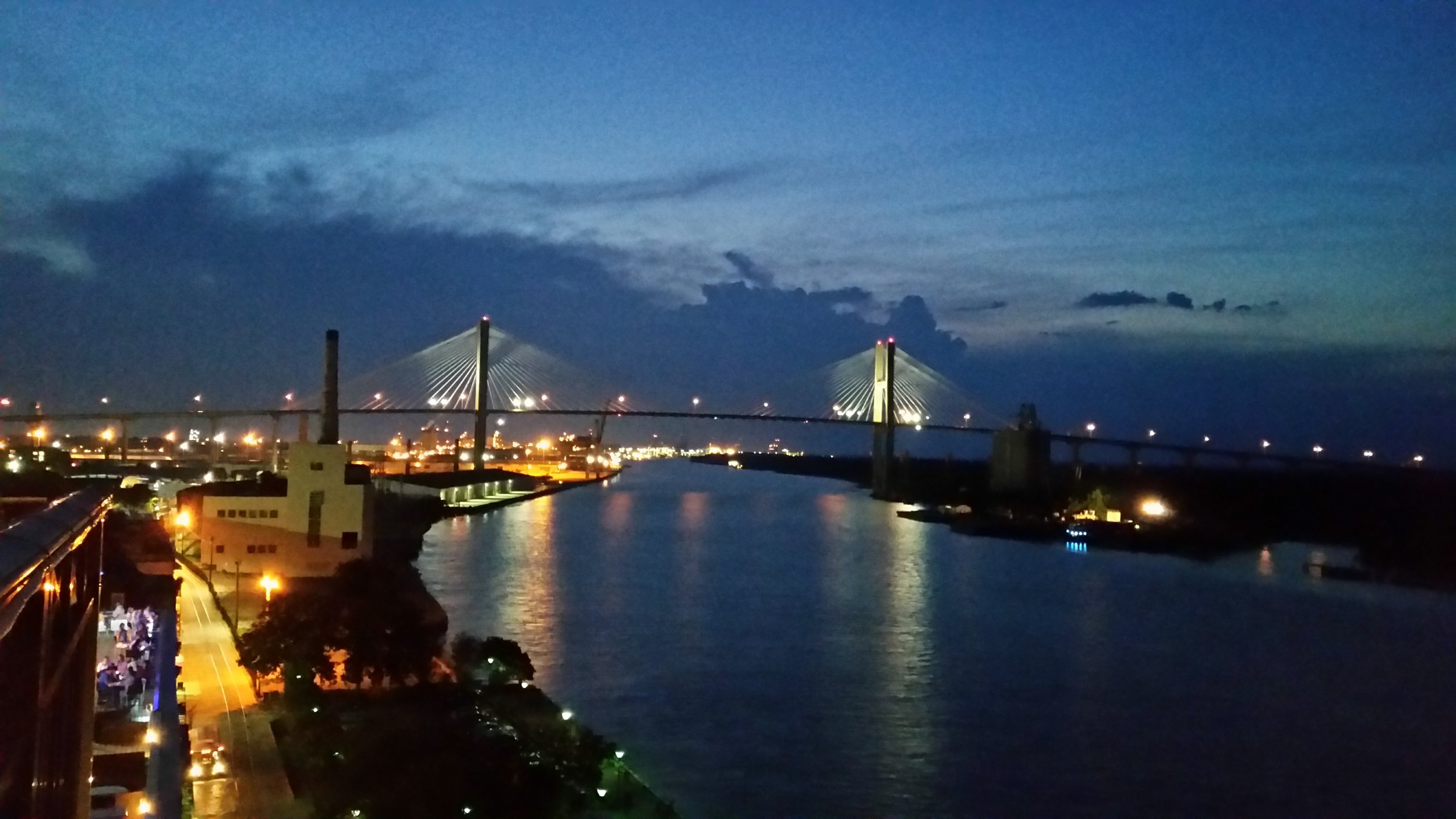 The view from a Savannah rooftop bar along the river. For years I've been thinking about painting a few nightscapes - I have several in mind - and this photo, with its glowing sky and yellow street lights and reflections on the water, will be a useful reference for me.