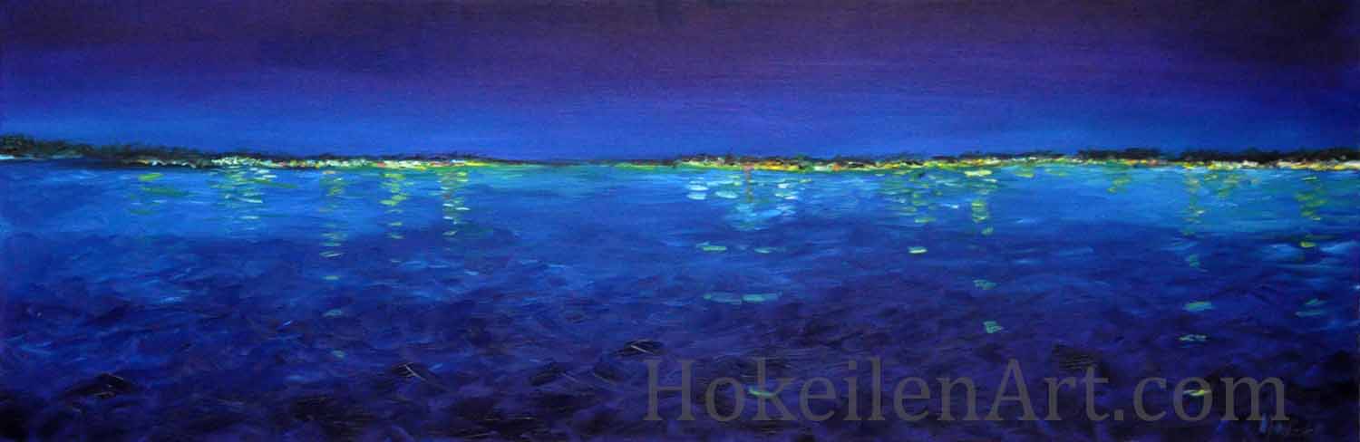 Beacons in the Night by Monica Hokeilen, oil on canvas, 36x12 inches