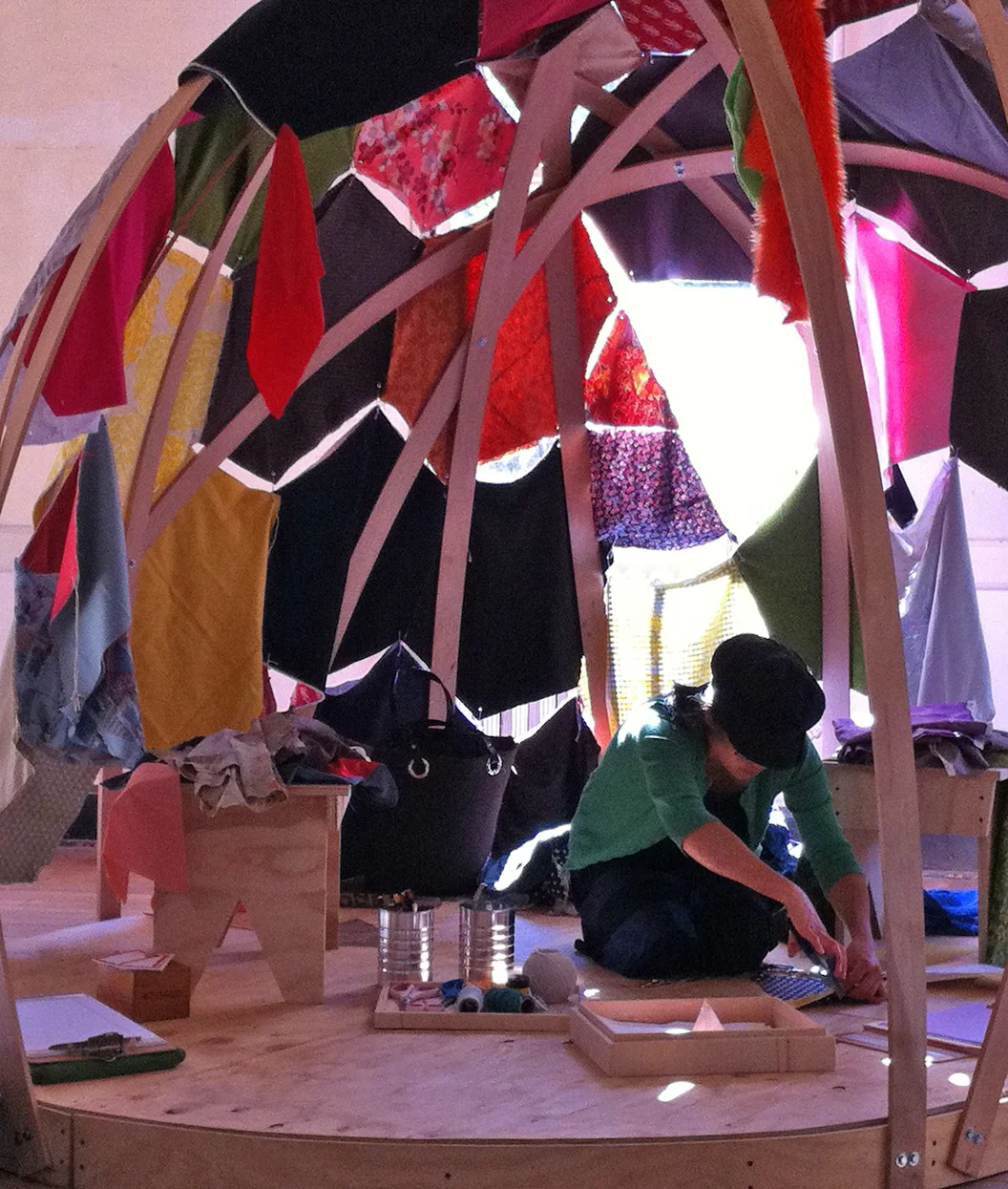 Story-Shell, 2012. Community construction project. Wood, donated fabric, stories.