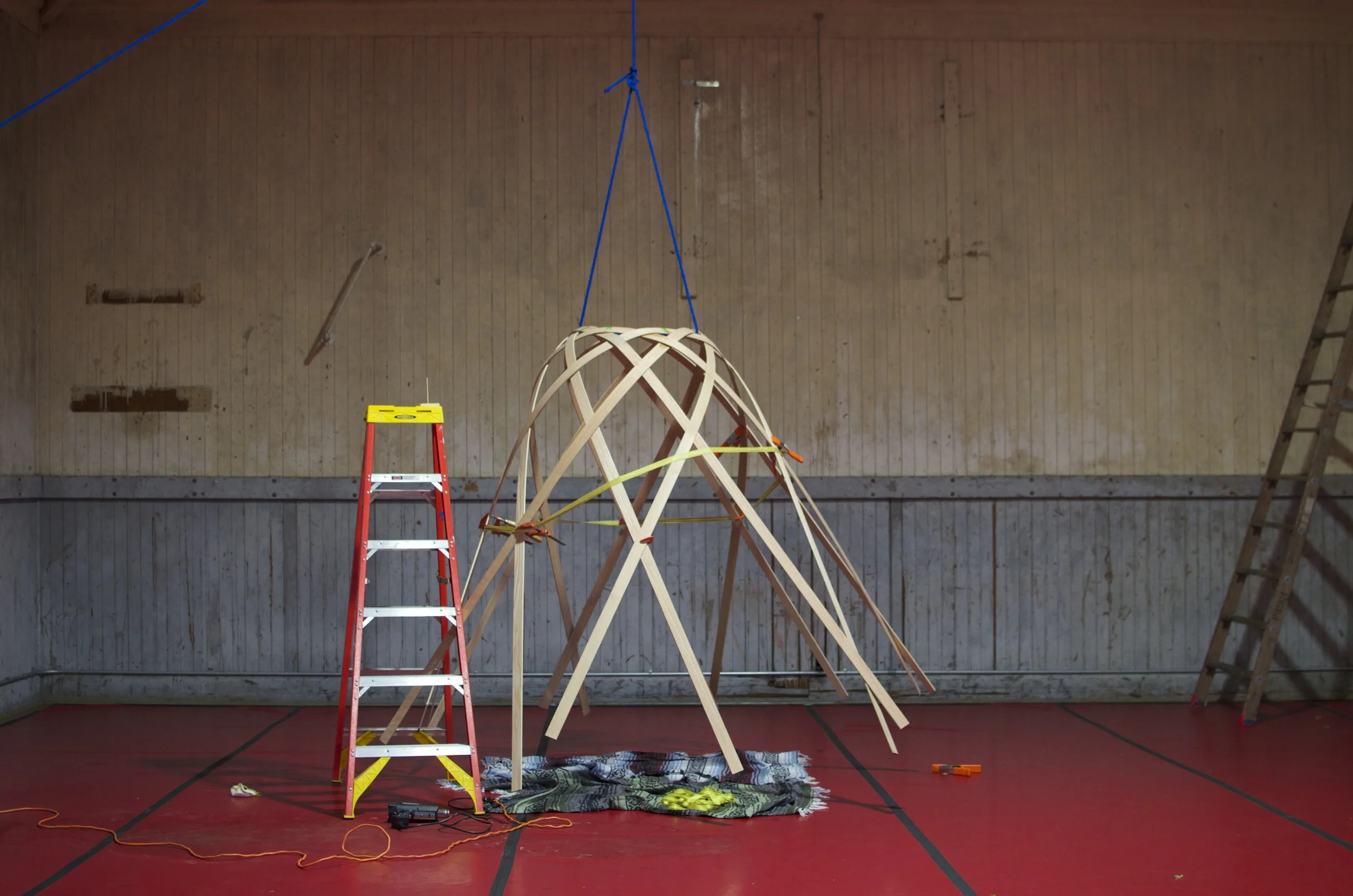 Pinophyta 2 in process, 2015. Oak, rope, clamps, prayers. 
