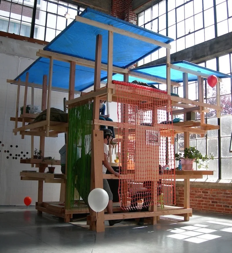 We-house: We will all wake up together , 2006. Community construction project commissioned by Southern Exposure in SF. Wood, borrowed items and materials. 11’ x 9’ x 10.5.”