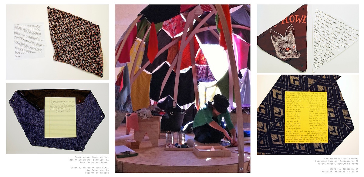 Story-shell , 2012. Community construction project commissioned by the Headlands Center for the Arts in 2012 as part of the Center's 30 year anniversary celebration and exhibition. Cold bent beechwood, donated fabric, plywood, drawing and writing materials, grommets and grommeting tools, stories.