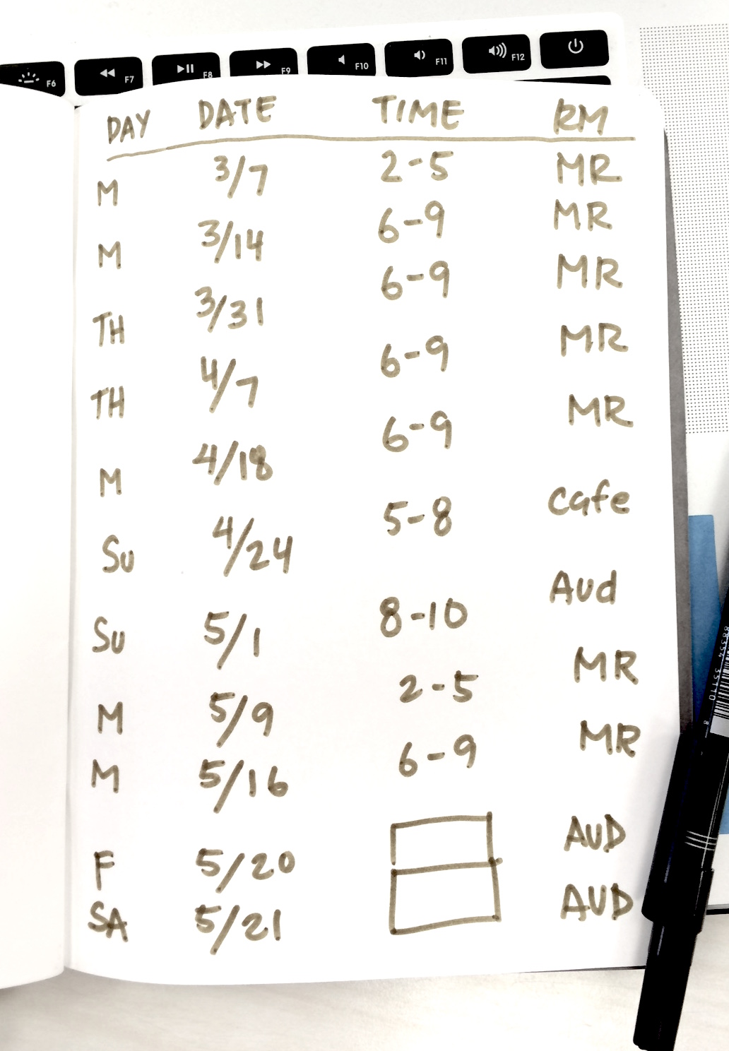 schedule of rehearsal at the Finnish Hall for CRHS, 2016