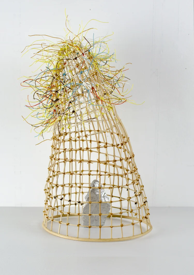 Blind Arbiter, 2014. Reed, rock, paint, waxed linen. 12 x 8 x 7 inches. $750.00