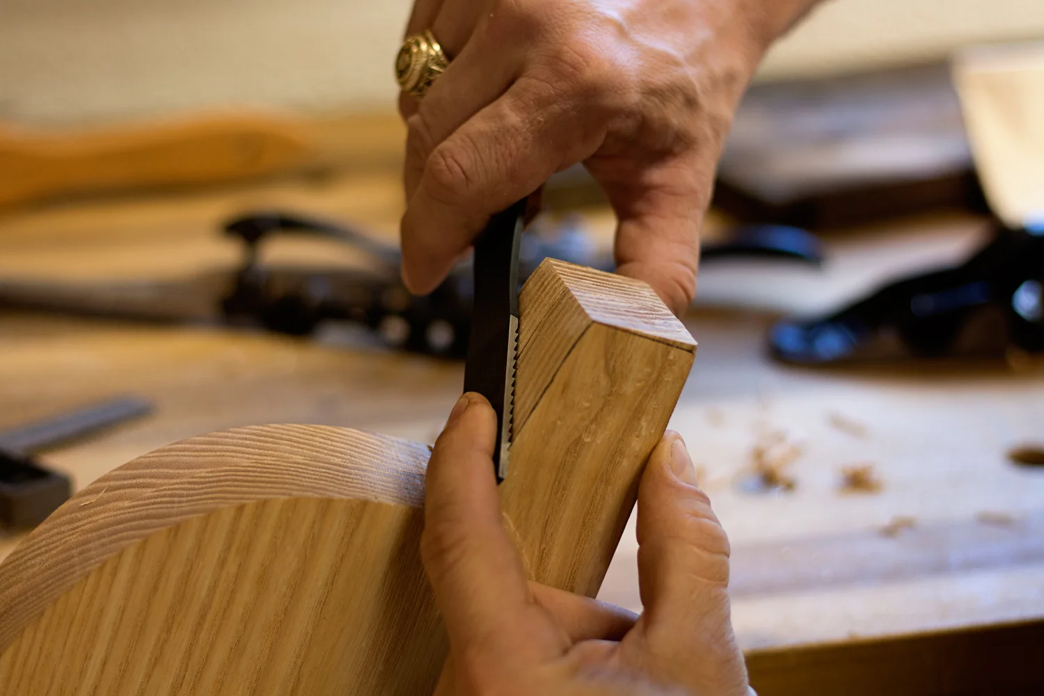 As I carefully work up to my line on the Jaguar XK120 B-Pillar supports, certain spots call for specialty tools. This small section was giving me trouble when trying to use my spokeshave or block planes. A little work with my rasp, followed by fine tuning with a plane maker's float worked perfectly.