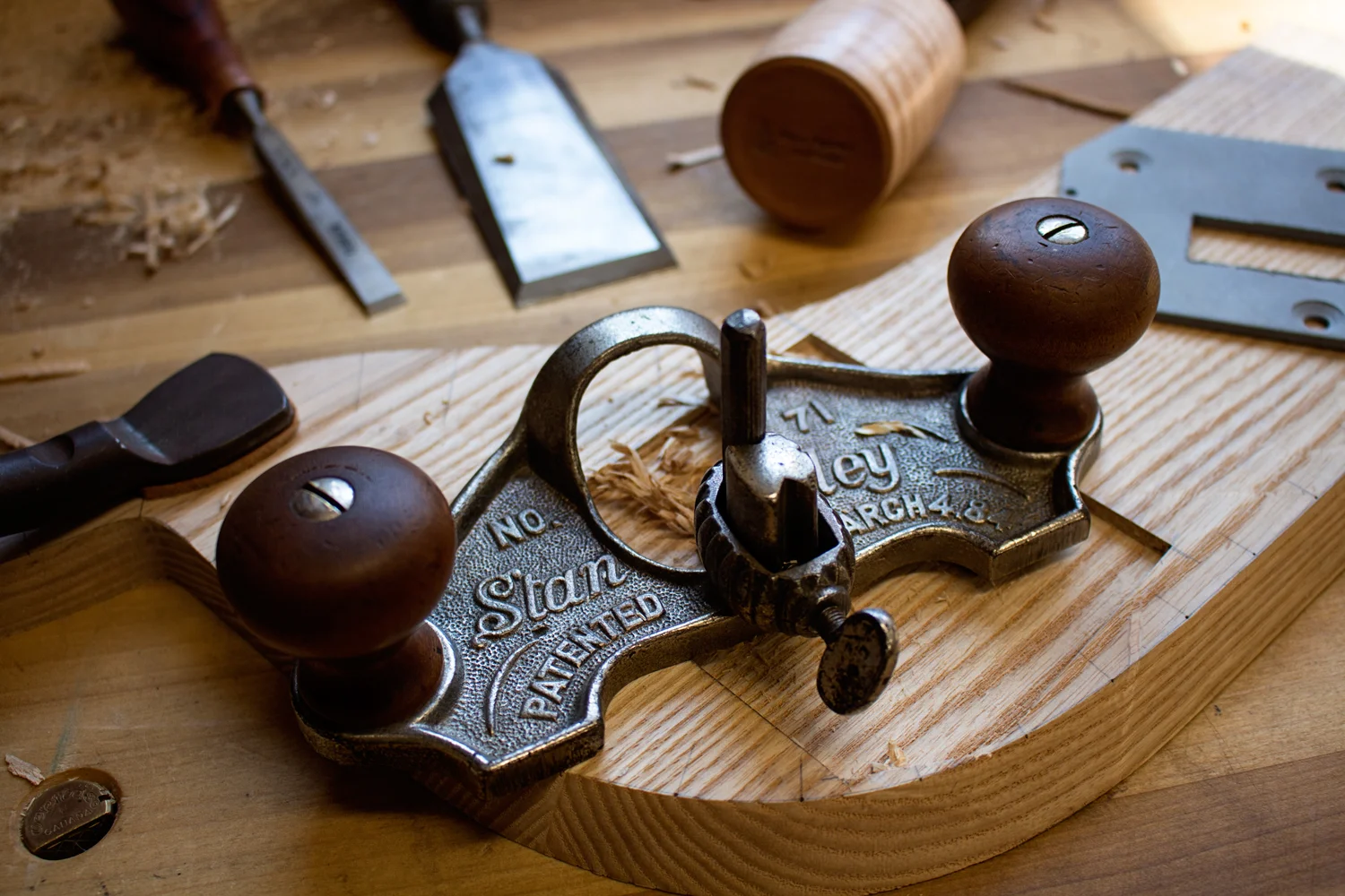 The last step on the A-pillars supports was creating the mounting spot for the hinge plates. The hole locations were transferred off of the old A-pillars. My Stanley router plane made quick work of creating a flat and smooth surface for the hinge plate to sit against.