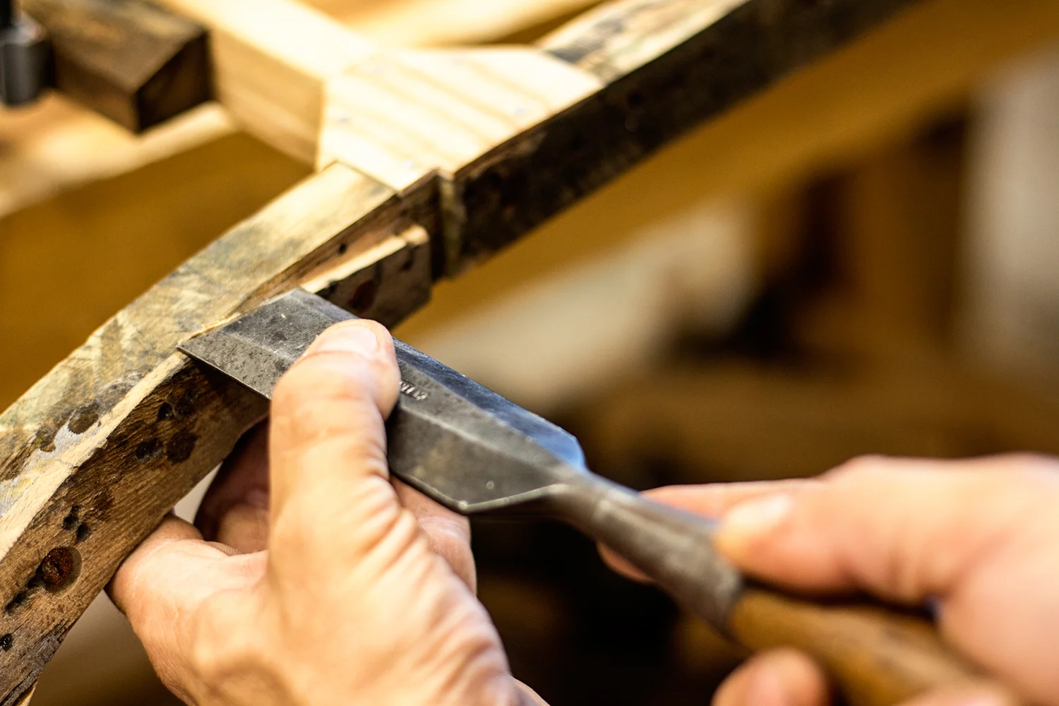  I'm using my Stanley 1.5" chisel to square up a damaged section of the Jaguar XK120 frame. I'll glue in a patch after and plane it flush when done. The wide blade on this chisel makes it ideal for this task, as well as many others in my style of work. 