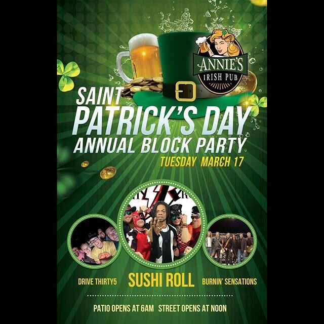 And the countdown begins! We&rsquo;ll see ya bright and early! Annie&rsquo;s patio will be open at 6am and the block party at noon! #anniesirishpubdowntown #stpattys
