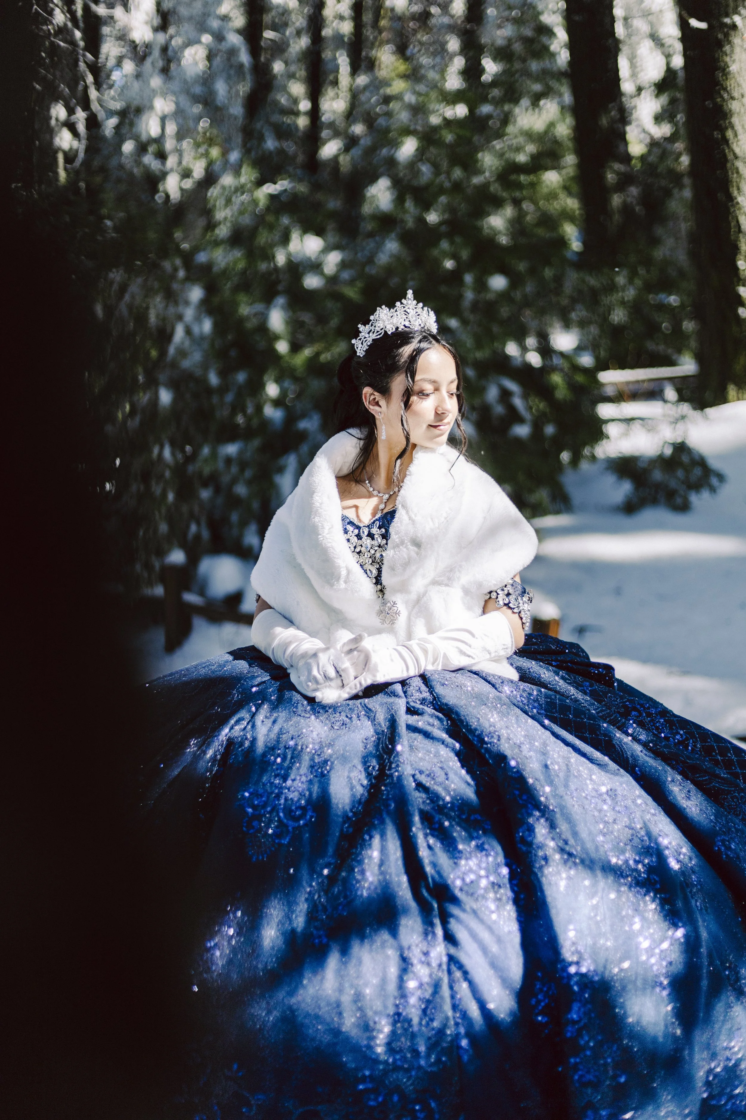 Quinceañera wearing an elegant royal blue ball gown standing in fresh snow during a winter portrait session.
