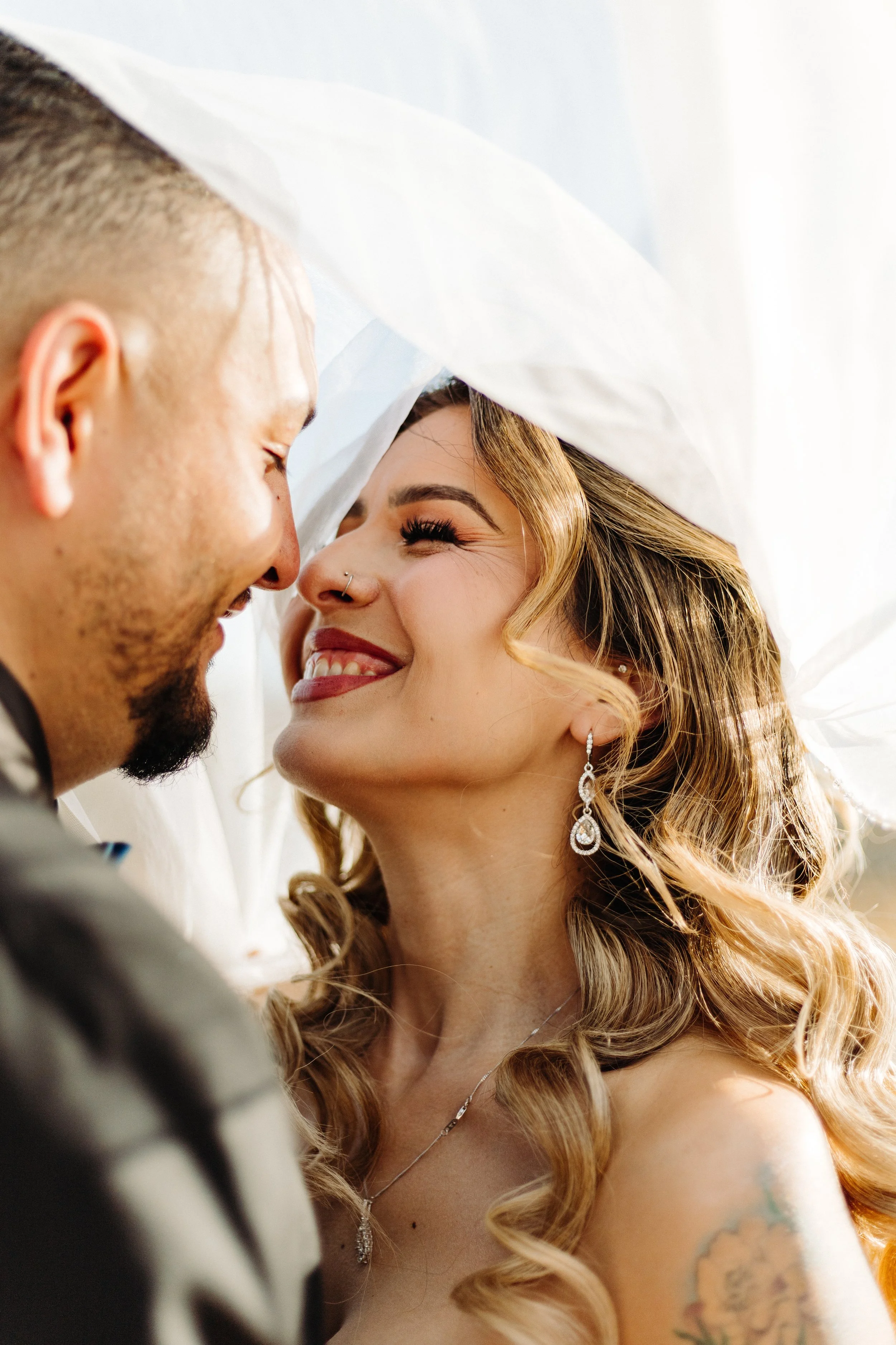 Beautiful under the veil shot of newlyweds in desert wedding in Phelan, CA