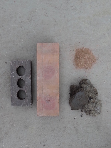 Bricks produced at the Acme/Ochs Plant (L) Cretaceous clay harvested near the plant (below R) Grog created by mechanically crushing waste brick (top R)
