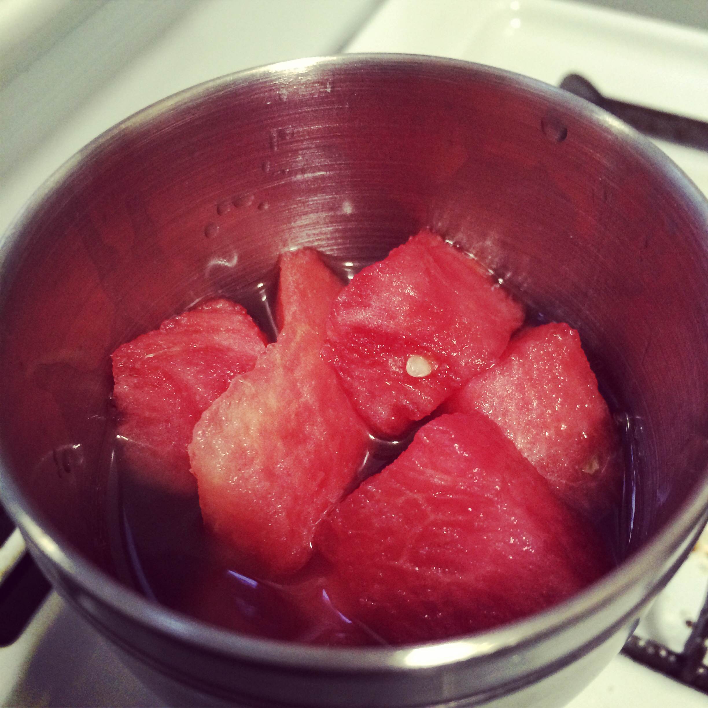 Cuddly little watermelon swimming in gin.