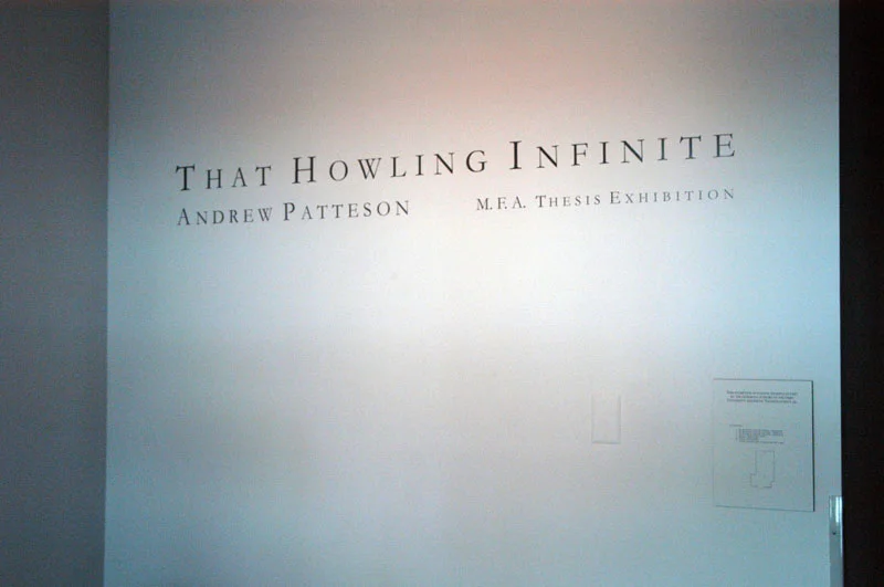 That Howling Infinite The Membranous Labyrinth : five large text panels containing a mixture of found and original text; each panel has sound emanating from its surface. An "audio spotlight" directional speaker installed in the gallery ceiling beaming sound to a small area in the center of the gallery floor. Distance : looped sound from headphones in central gallery chair; looped video on small screen. Oceanic : sound from headphones in corner gallery chair, 4m37s. A looped single channel audio piece near the entrance, projecting outside the gallery.