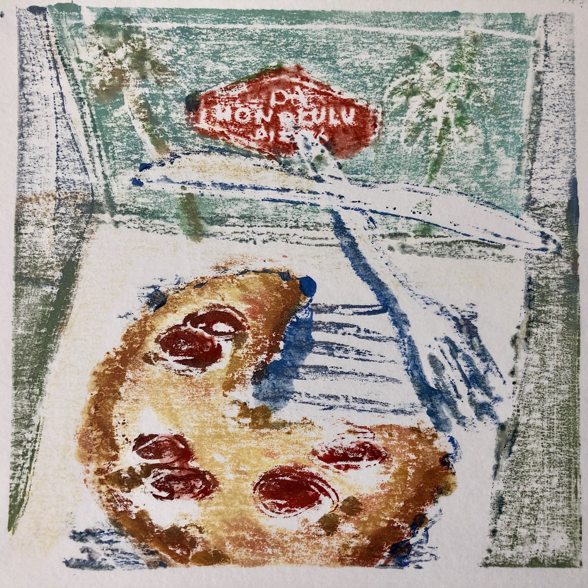Da Honolulu Pizza, acrylic on paper monoprint, 6x6, $85