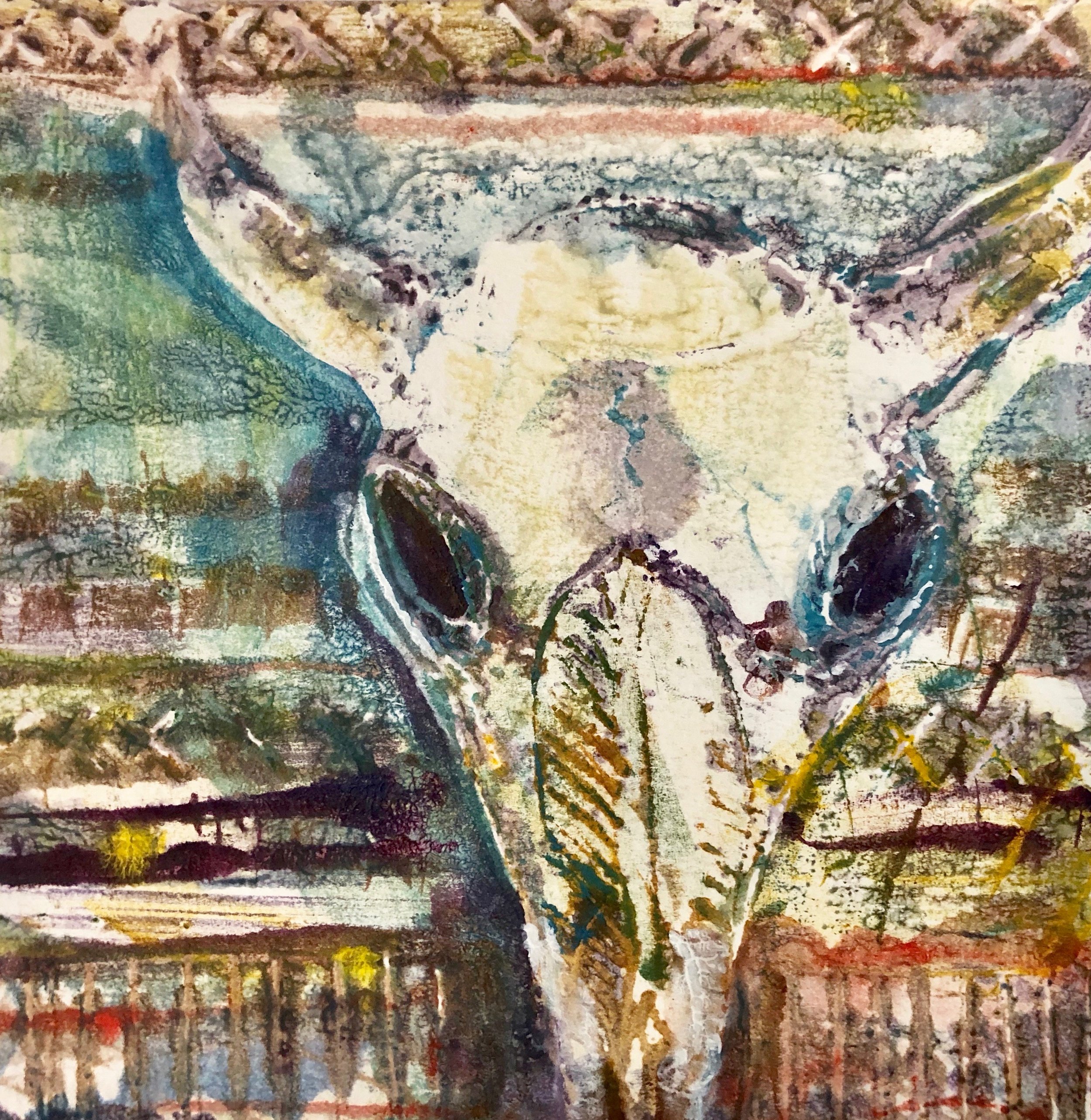 Skull & Blanket, acrylic on paper monoprint, 6x6, $85