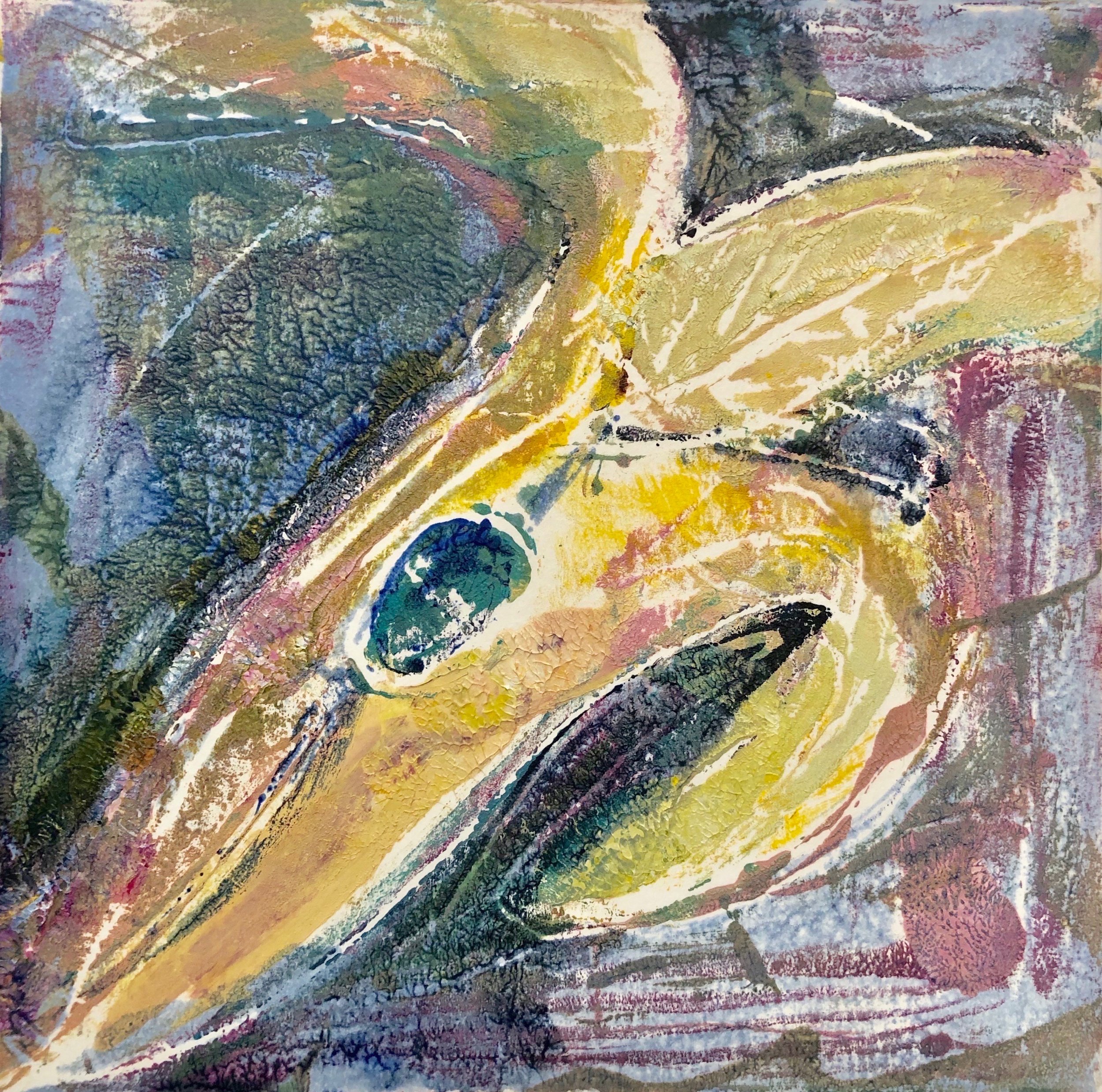 Lickity Split, acrylic on paper monoprint, 6x6, $85