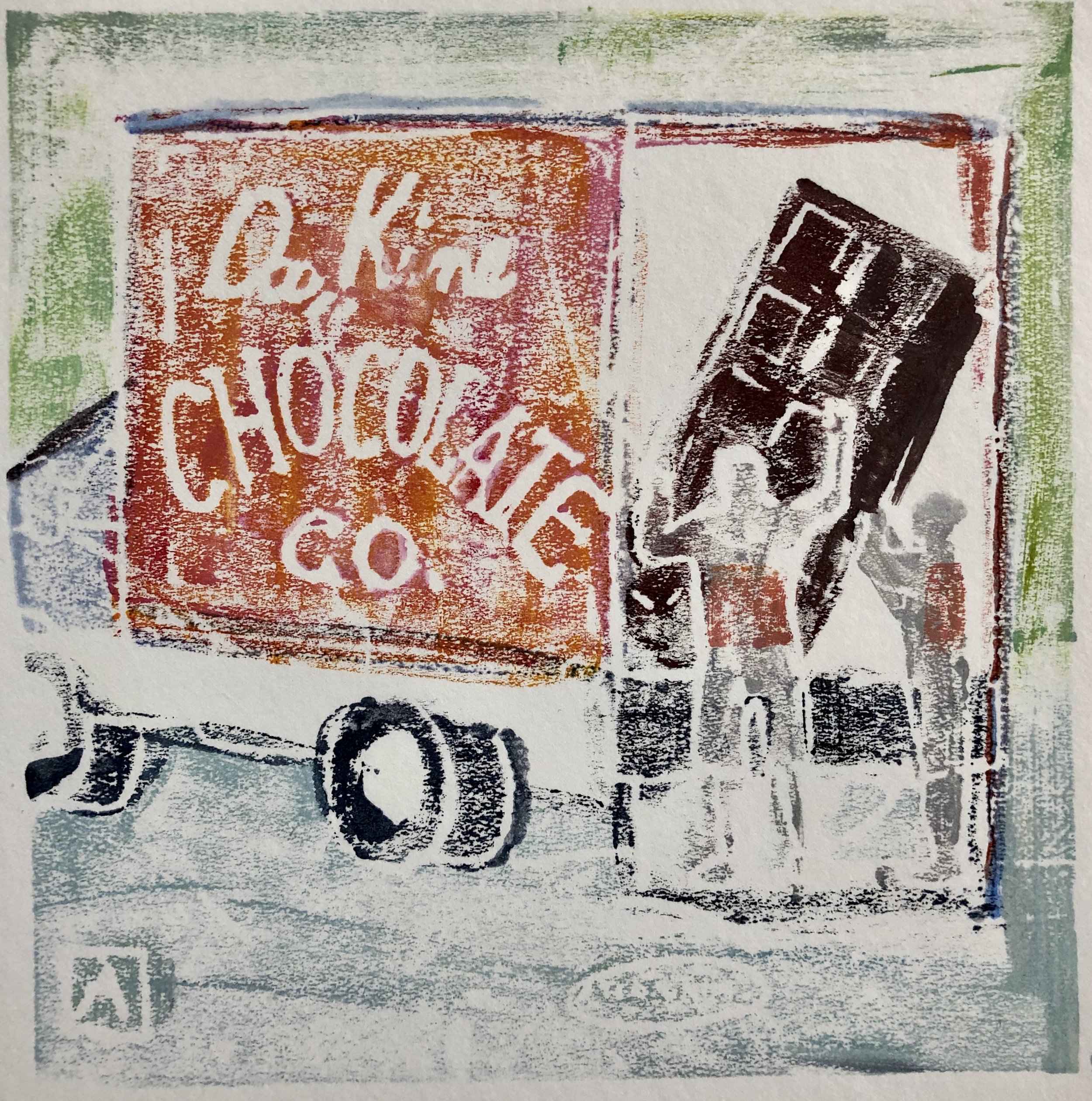 Da Kine Coco, acrylic on paper monoprint, 6x6, SOLD