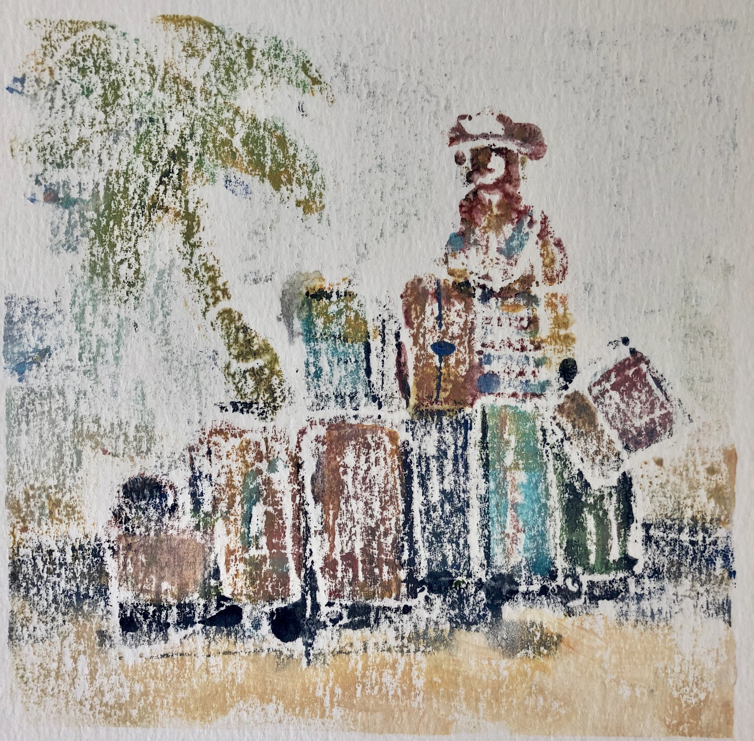 Vacation Baggage, acrylic on paper monoprint, 6x6, $85