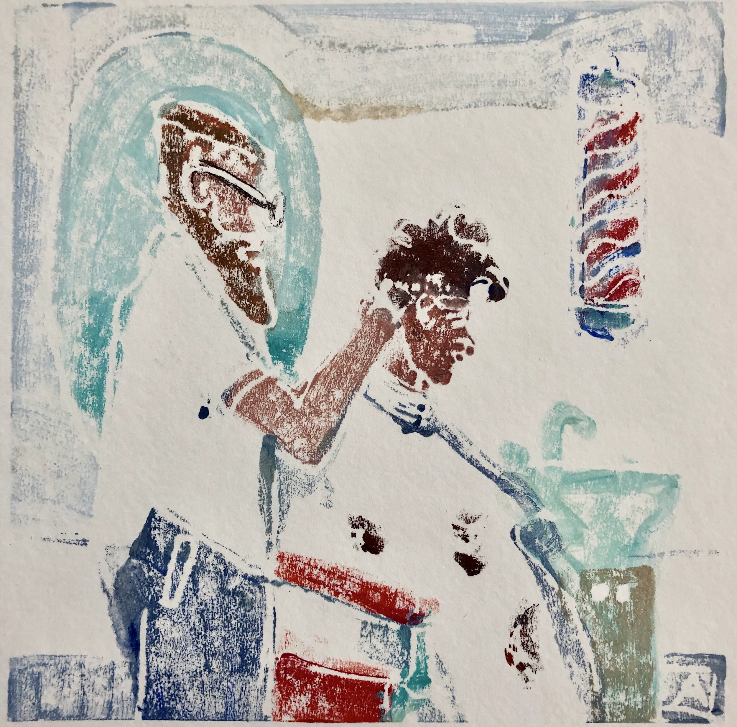 Barber Boy, acrylic on paper monoprint, 6x6, $85