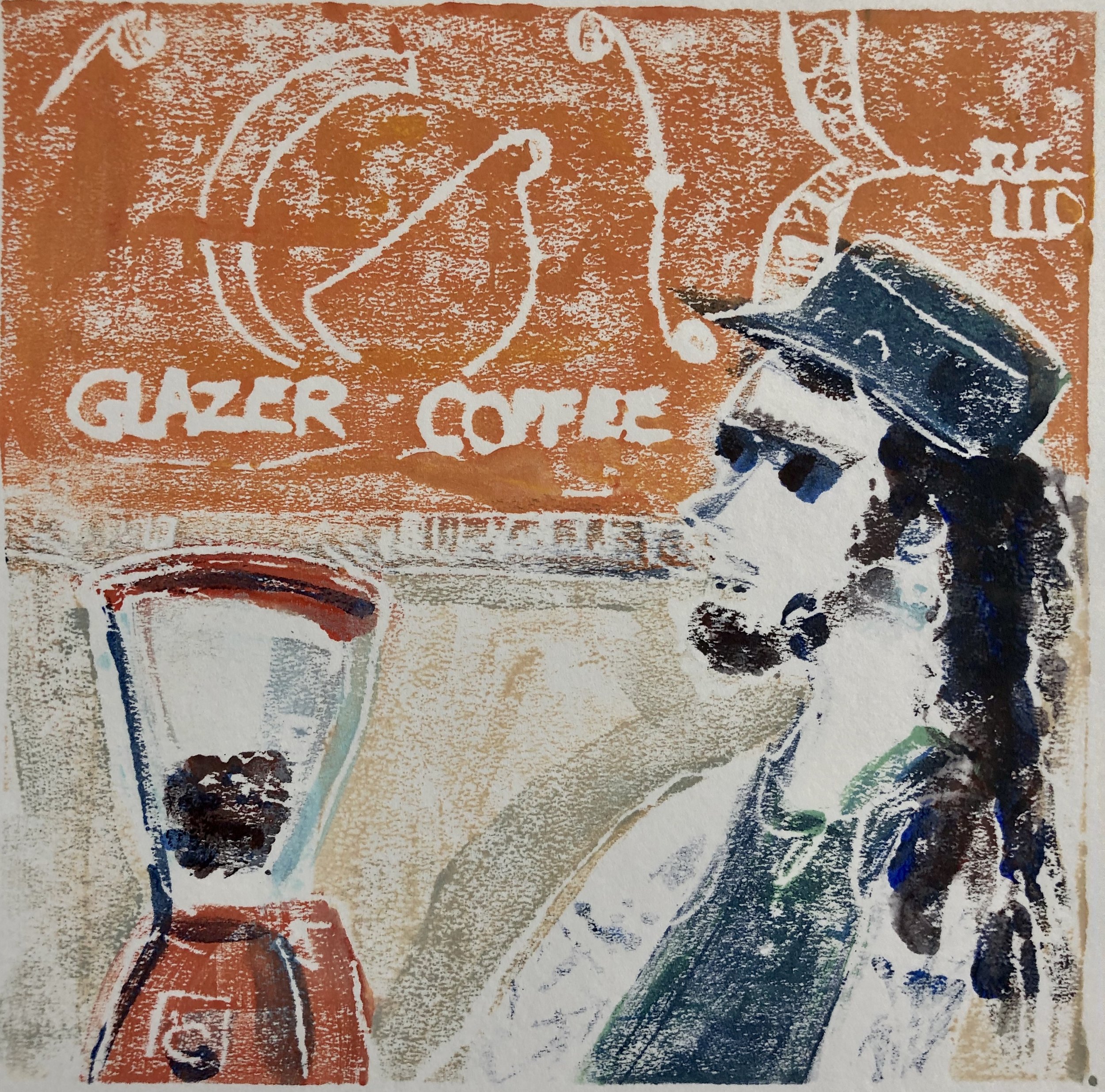 Da Coffee Dude, acrylic on paper monoprint, 6x6, $85