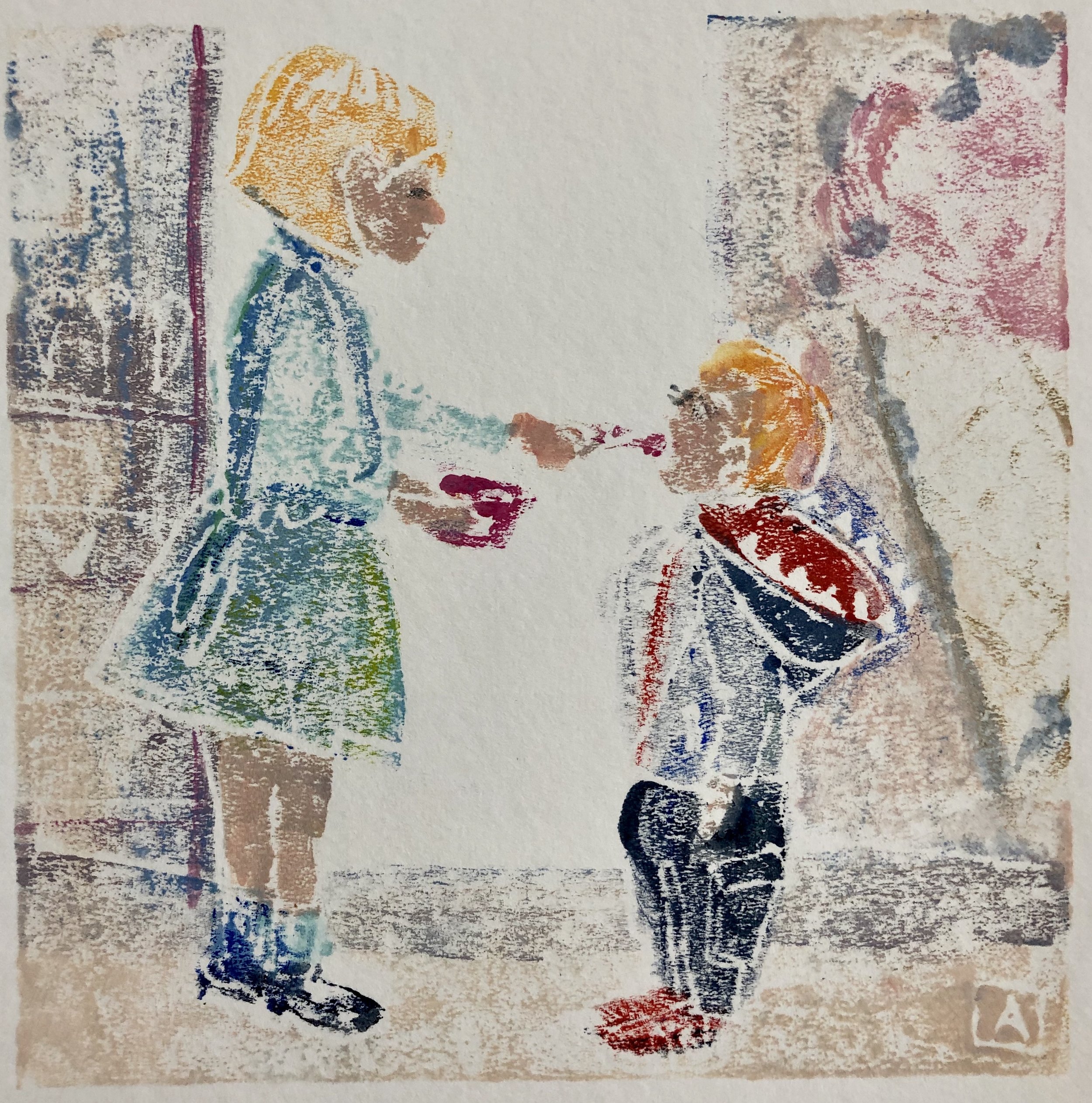 Don't Feed the Sharks, acrylic on paper monoprint, 6x6, $85