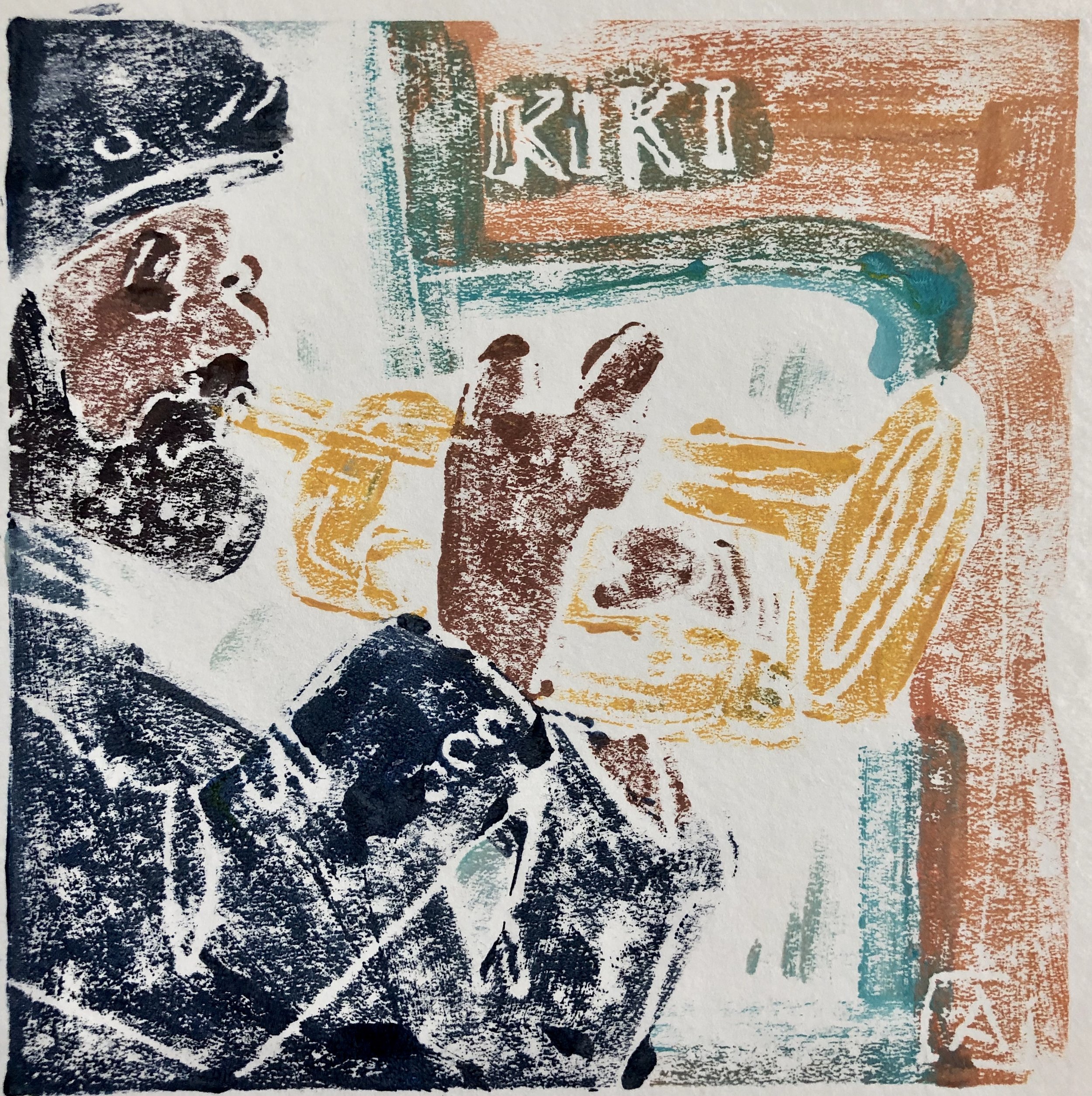 Kiki, acrylic on paper monoprint, 6x6, $85