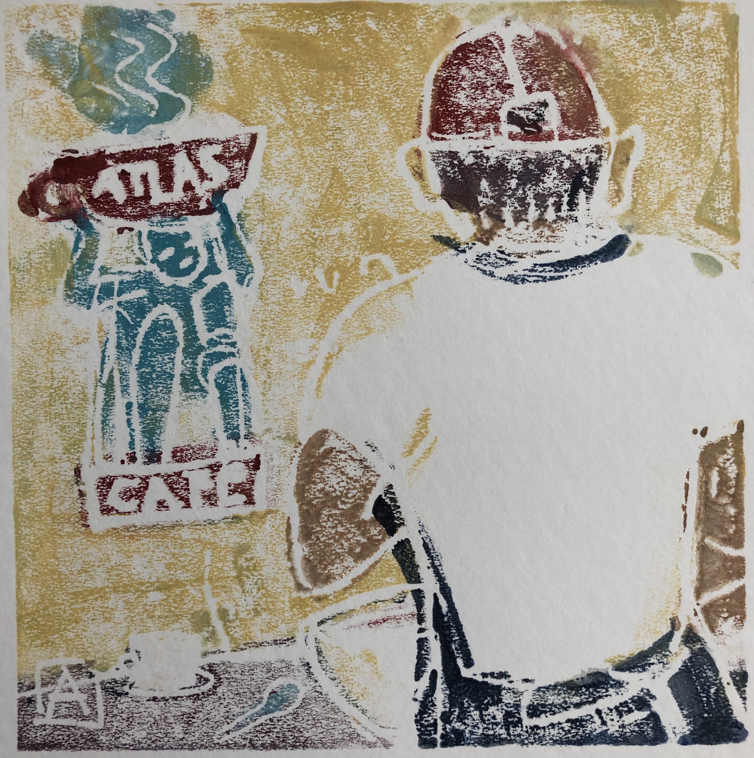 Atlas Cafe, acrylic on paper monoprint, 6x6, $85