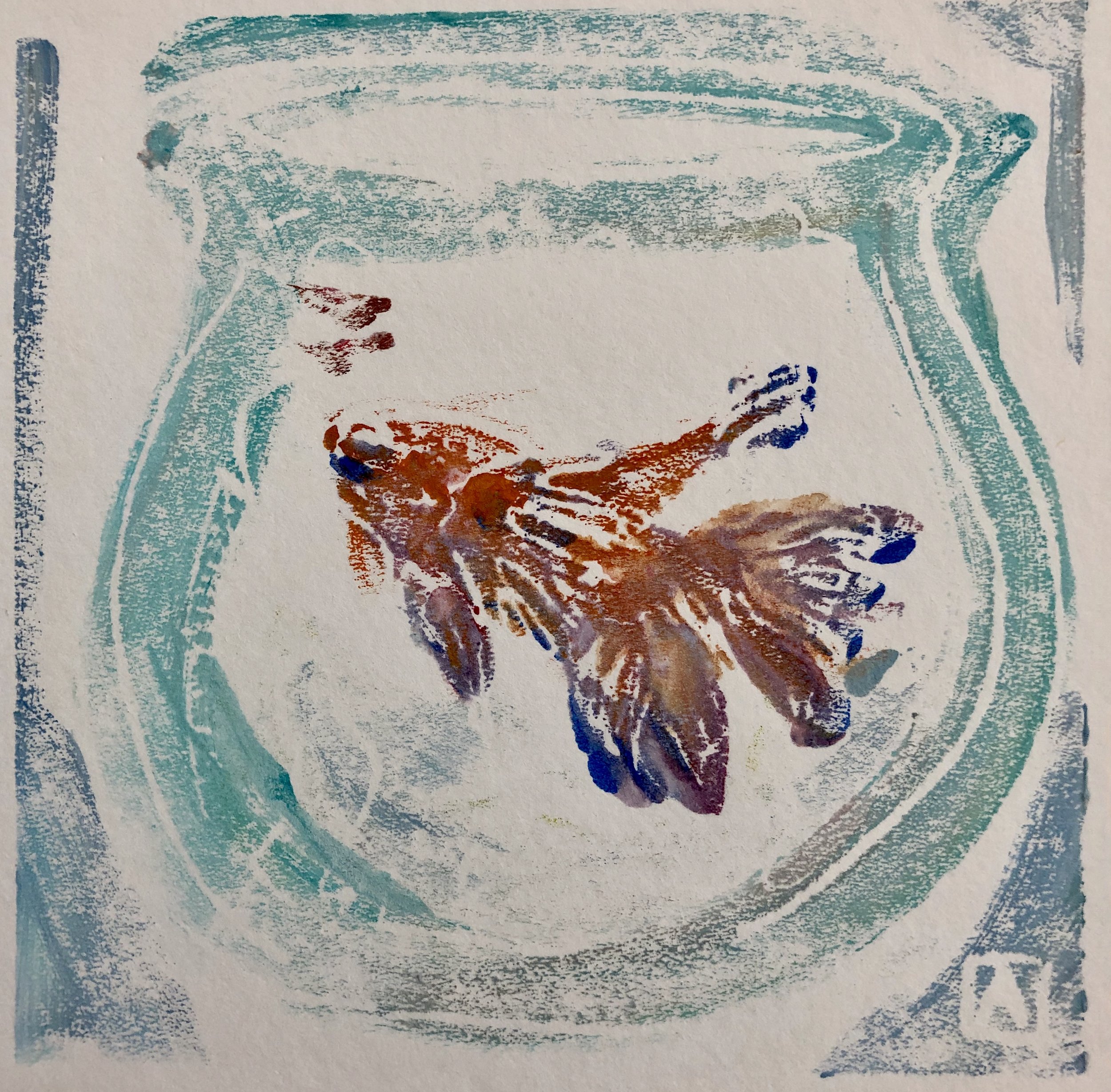 Betta Boy, acrylic on paper monoprint, 6x6, $85