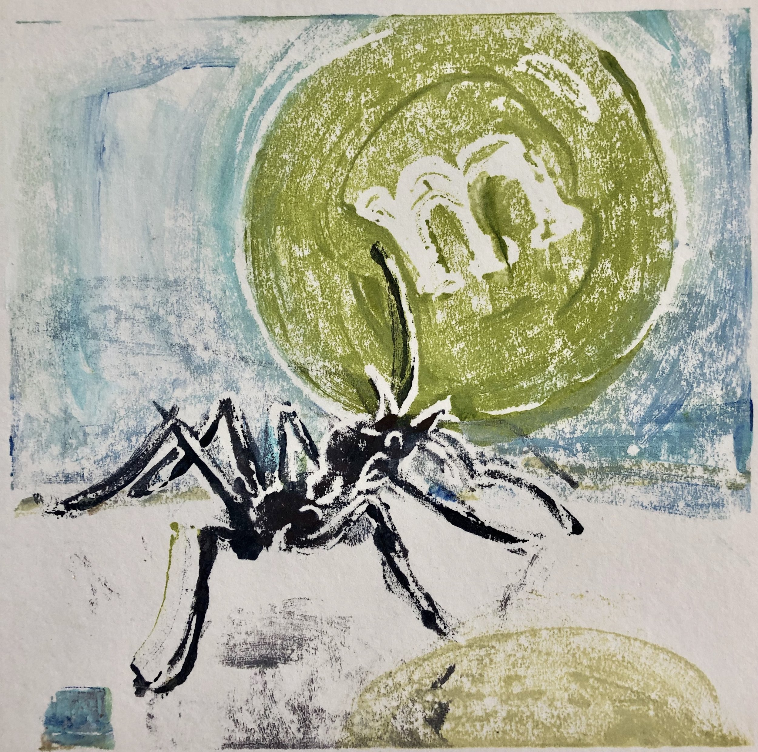Ant-y M, acrylic on paper monoprint, 6x6, $85