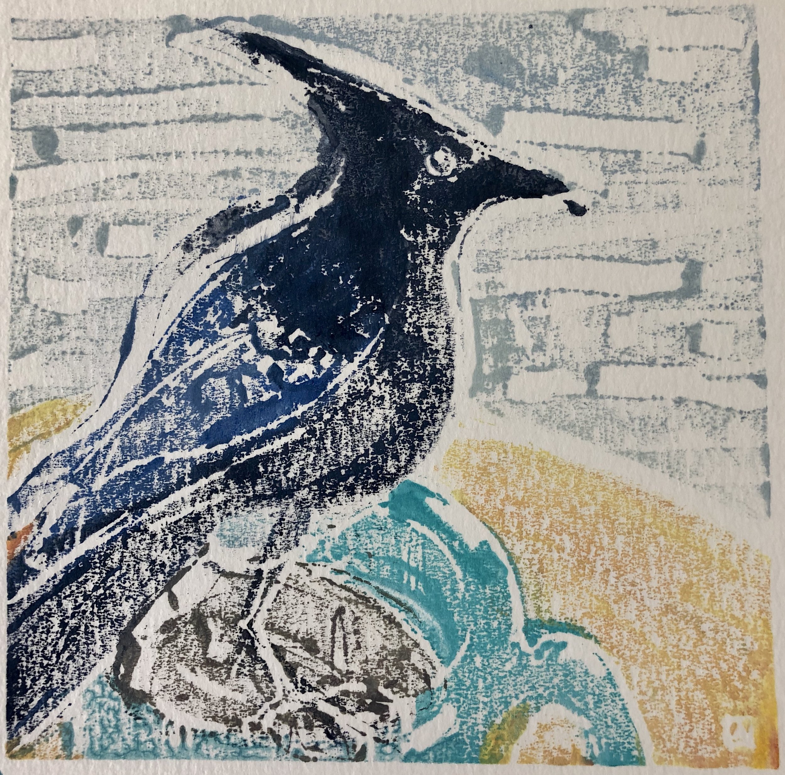 Stellar Jay, acrylic on paper monoprint, 6x6, $85