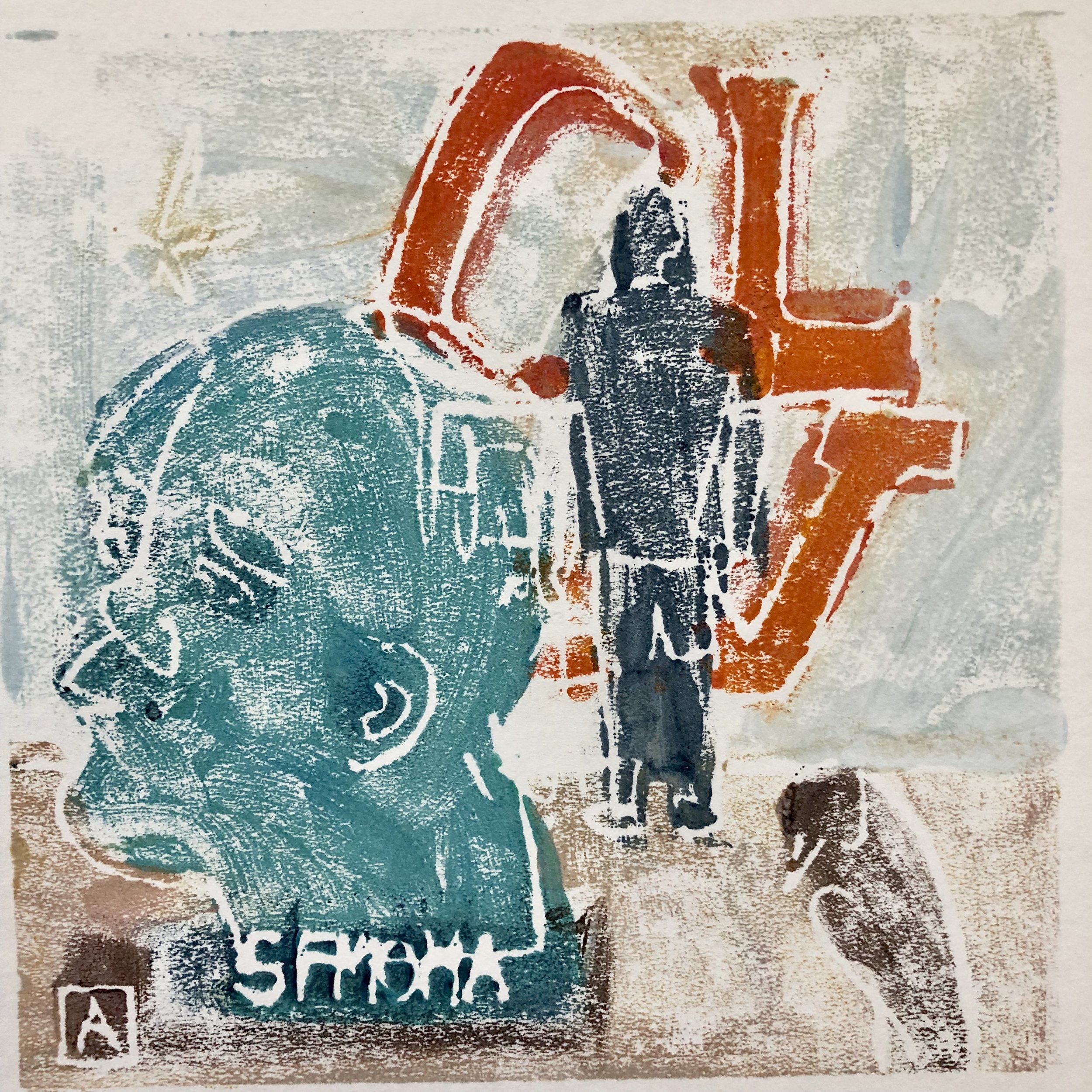Art Love, acrylic on paper monoprint, 6x6, $85