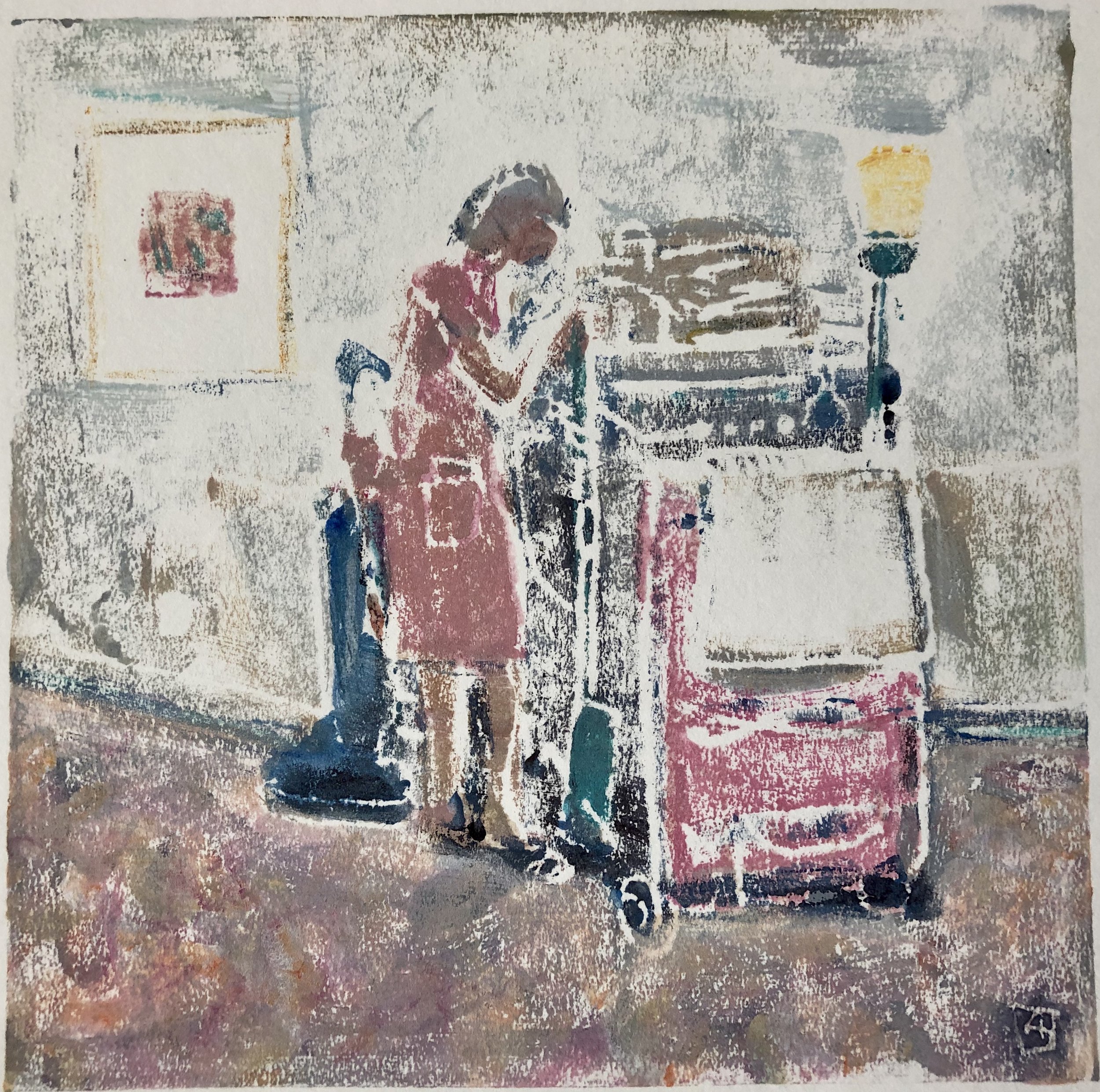 Royal Housekeeping, acrylic on paper monoprint, 6x6, $85