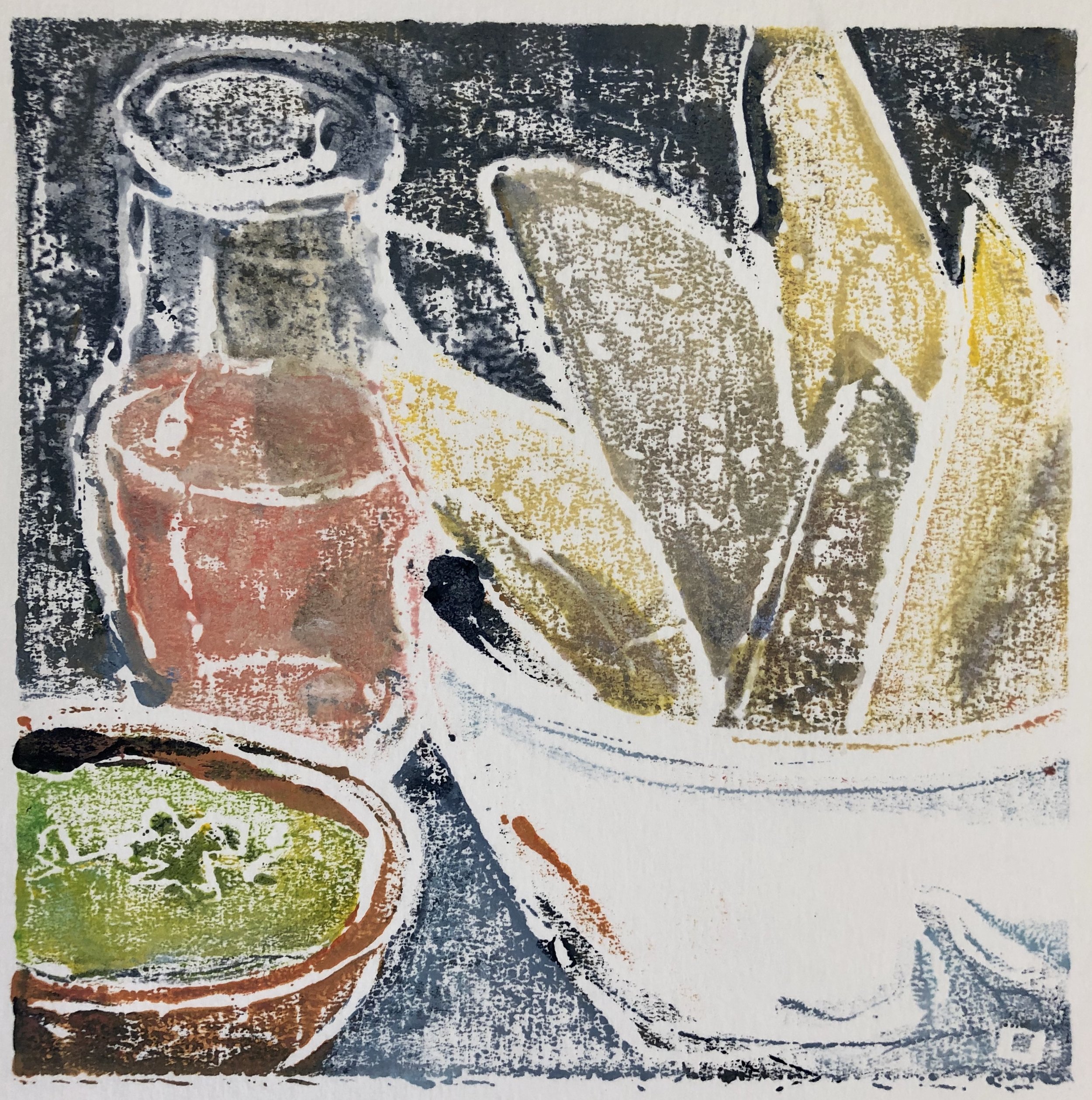 Guac, Chips & Rose, acrylic on paper monoprint, 6x6, $85