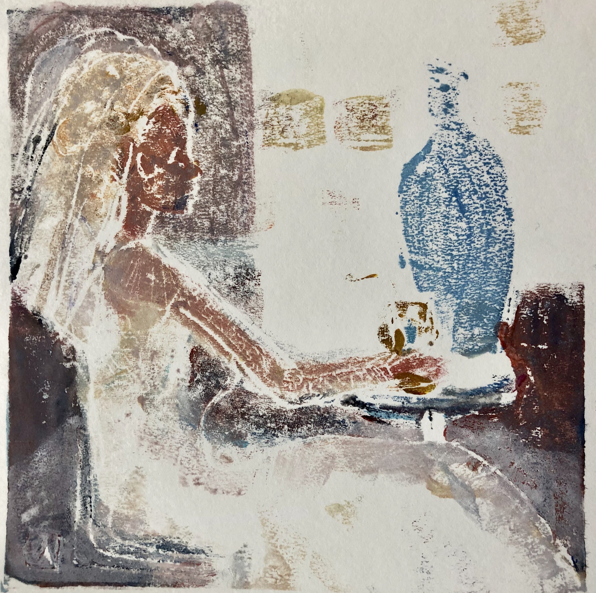 Blue Bottle Bride, acrylic on paper monoprint, 6x6, $85