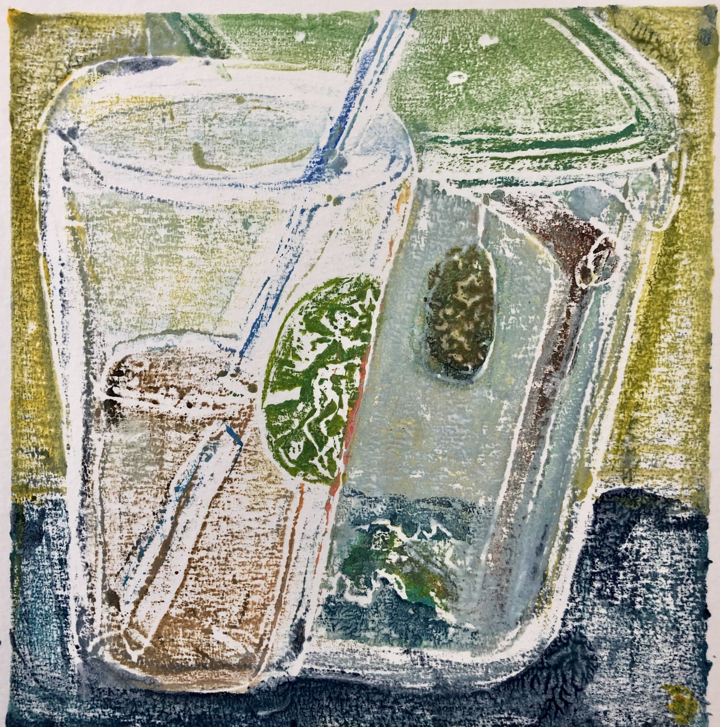 Afternoon Cocoon, acrylic on paper monoprint, 6x6, $85
